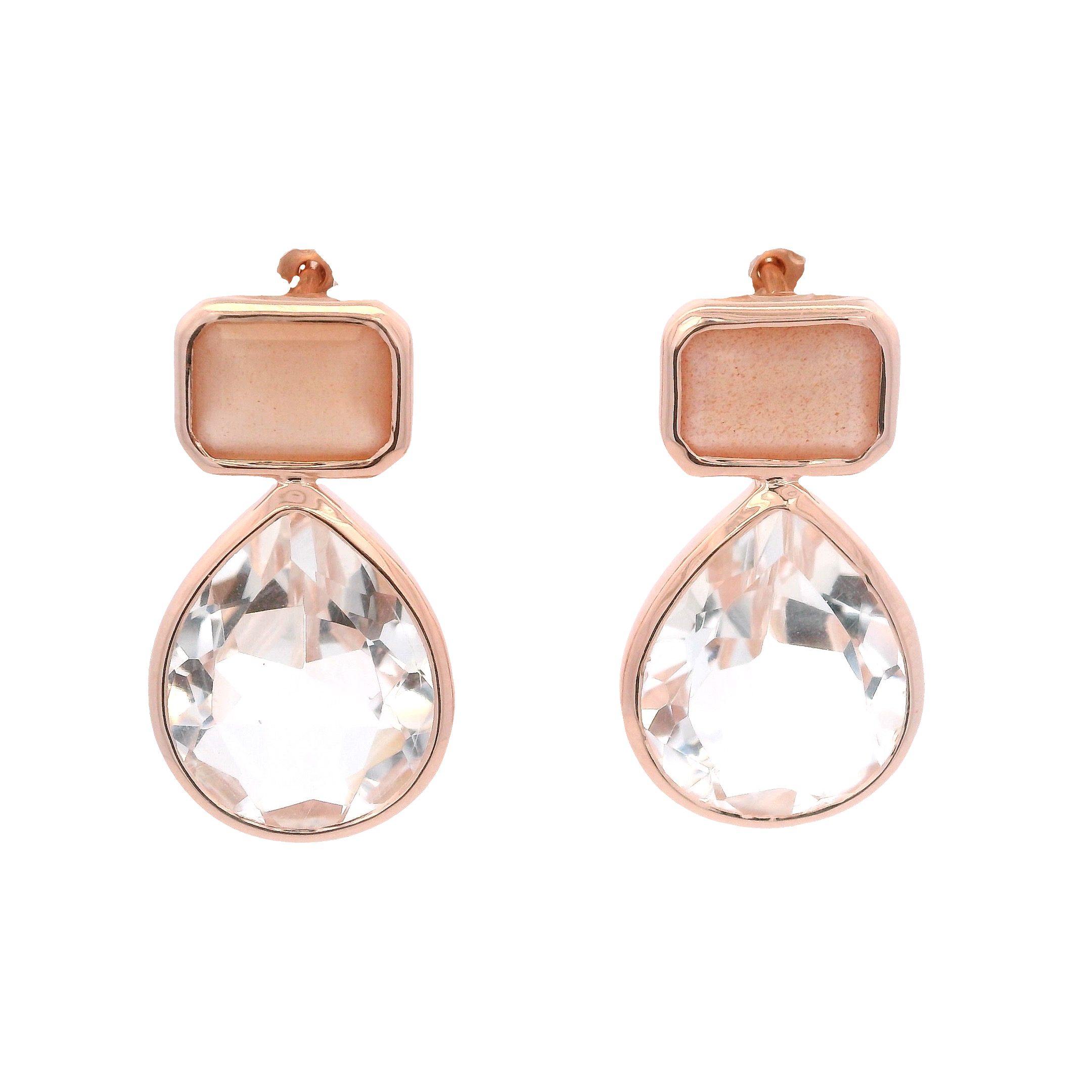 925RG BAGUETE MOOSTONE PEACH DROP ROCK CRYSTAL EARRINGS