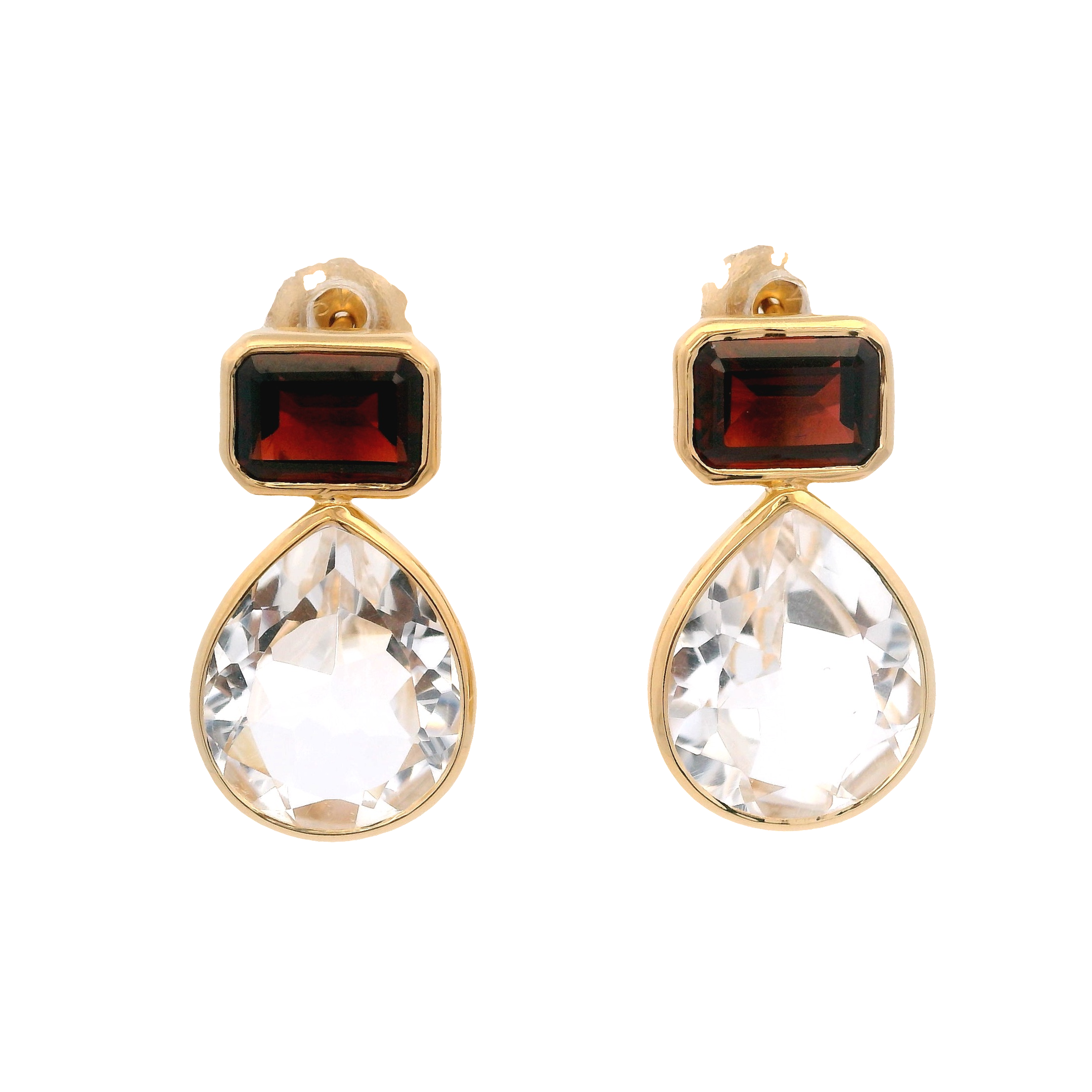 925YG BAGUETE GARNET DROP ROCK CRYSTAL EARRINGS