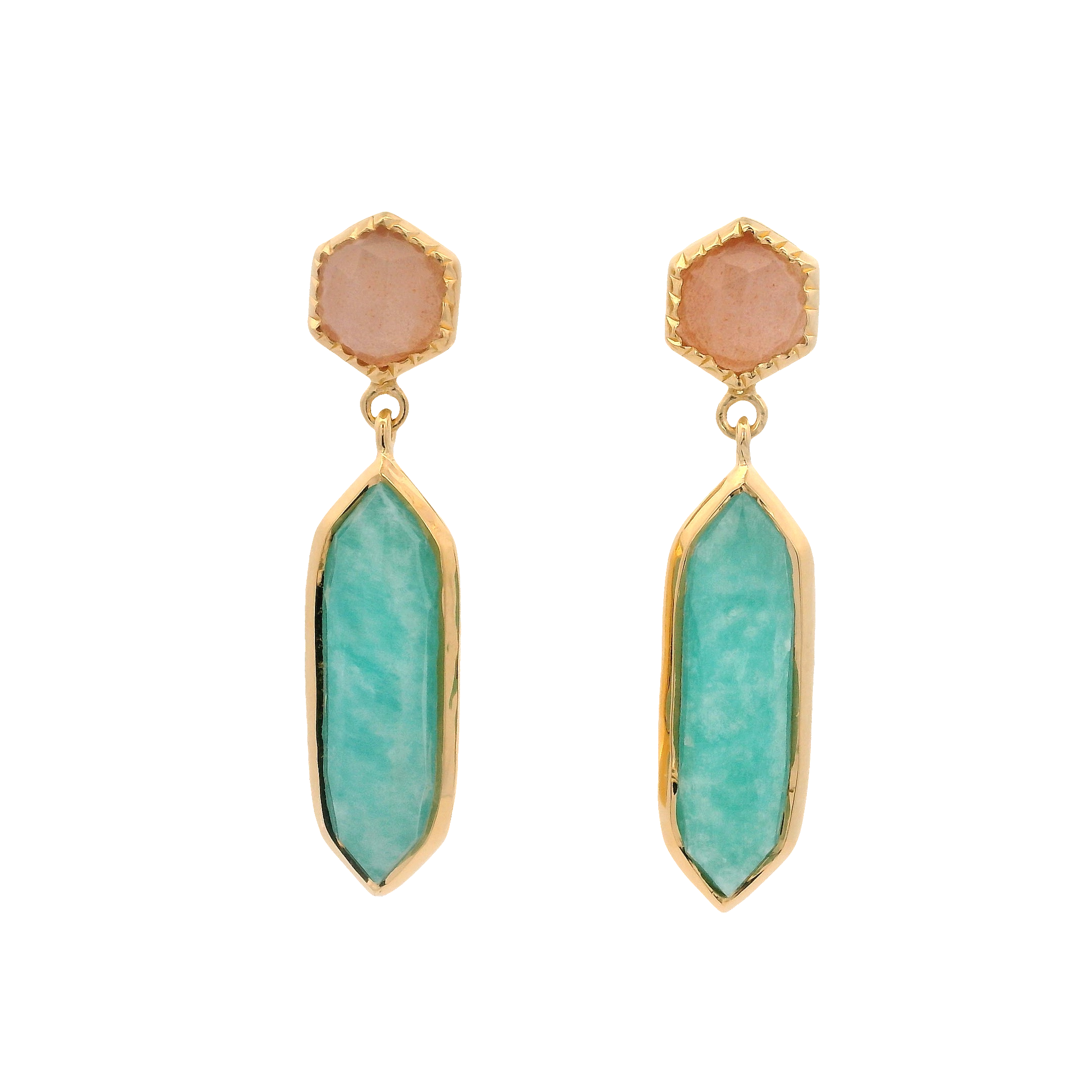 925YG STUD MOOSTONE PEACH AND HEXAGONAL AMAZONITE EARRINGS