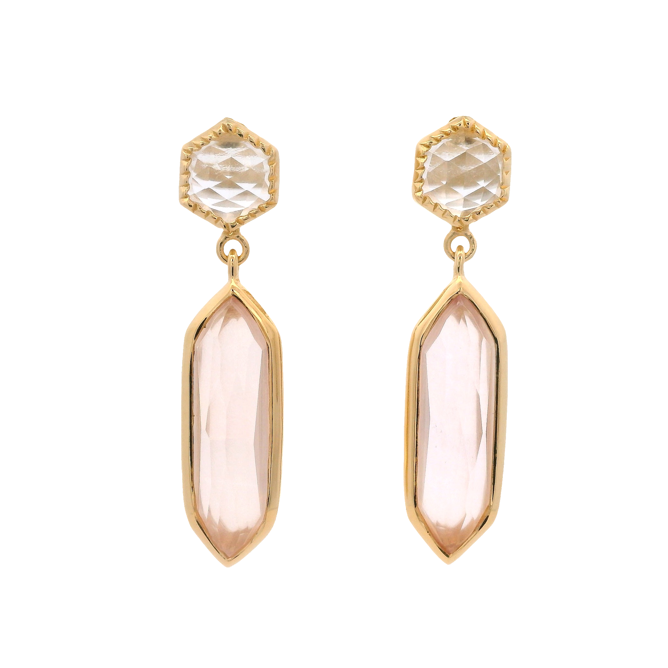 925YG STUD RIOCK CRYSTAL AND HEXAGONAL ROSE QUARTZ EARRINGS