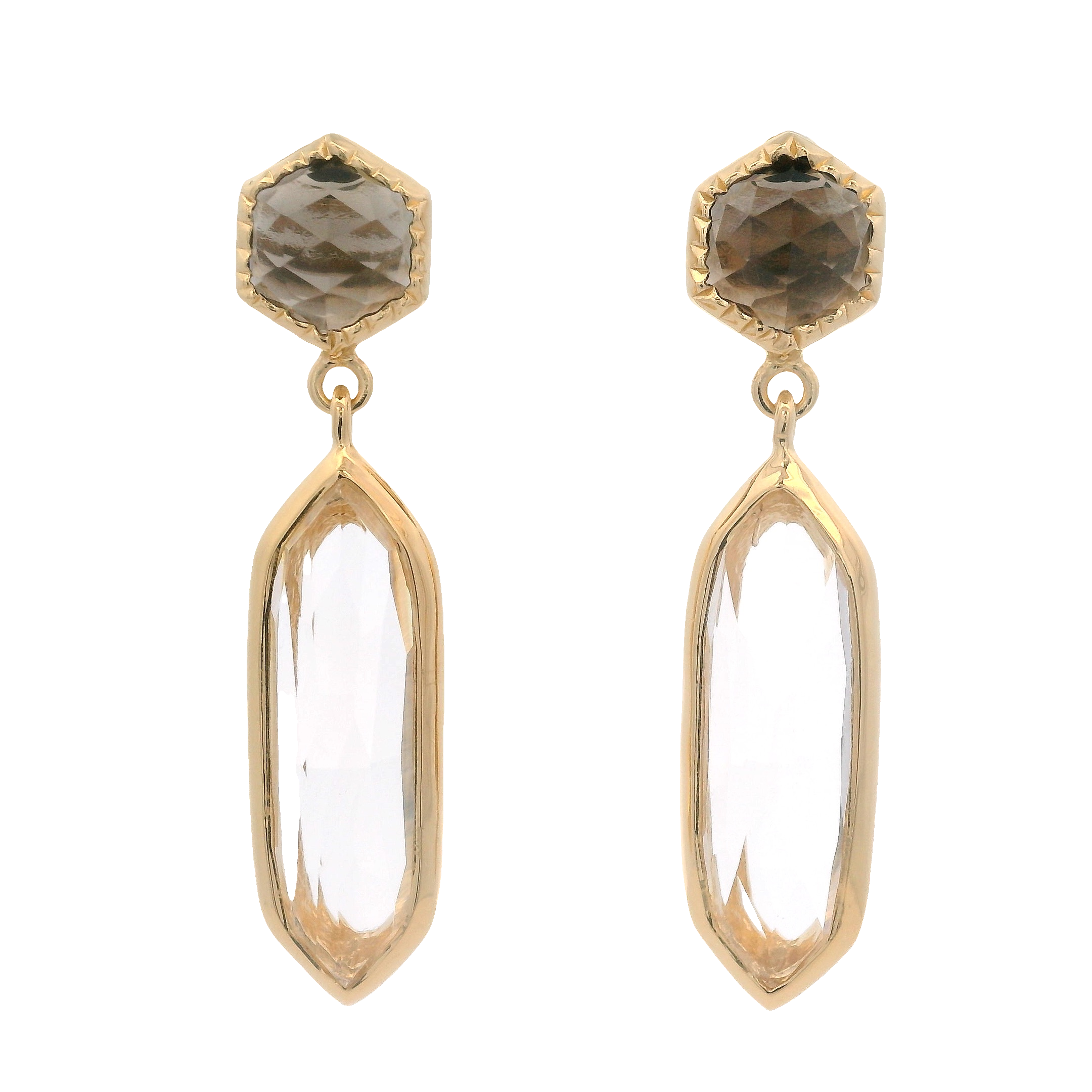 925YG STUD SMOKY QUARTZ AND HEXAGONAL ROCK CRYSTAL EARRINGS