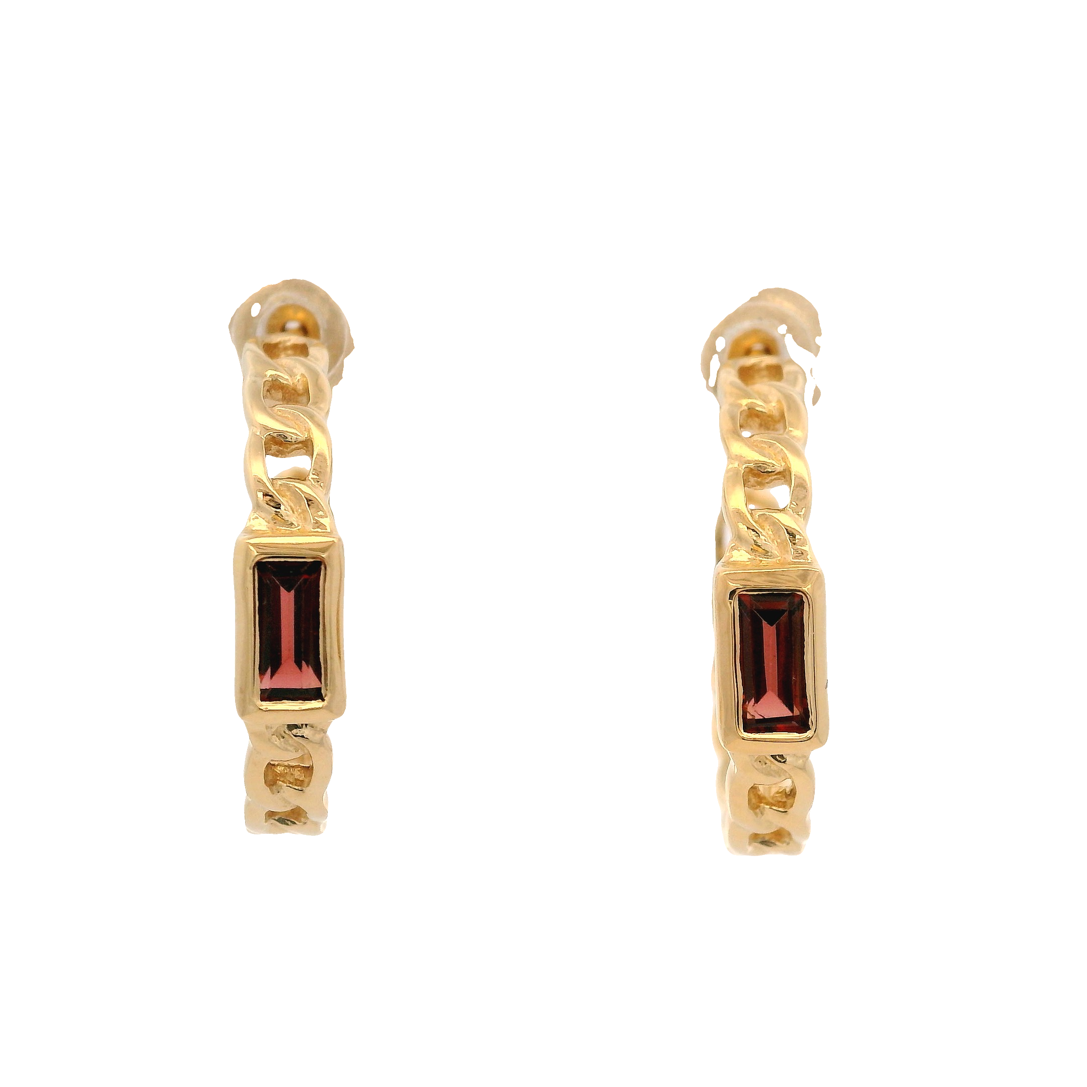 925YG BAGUETE GARNET CURB LINK HUGGIES