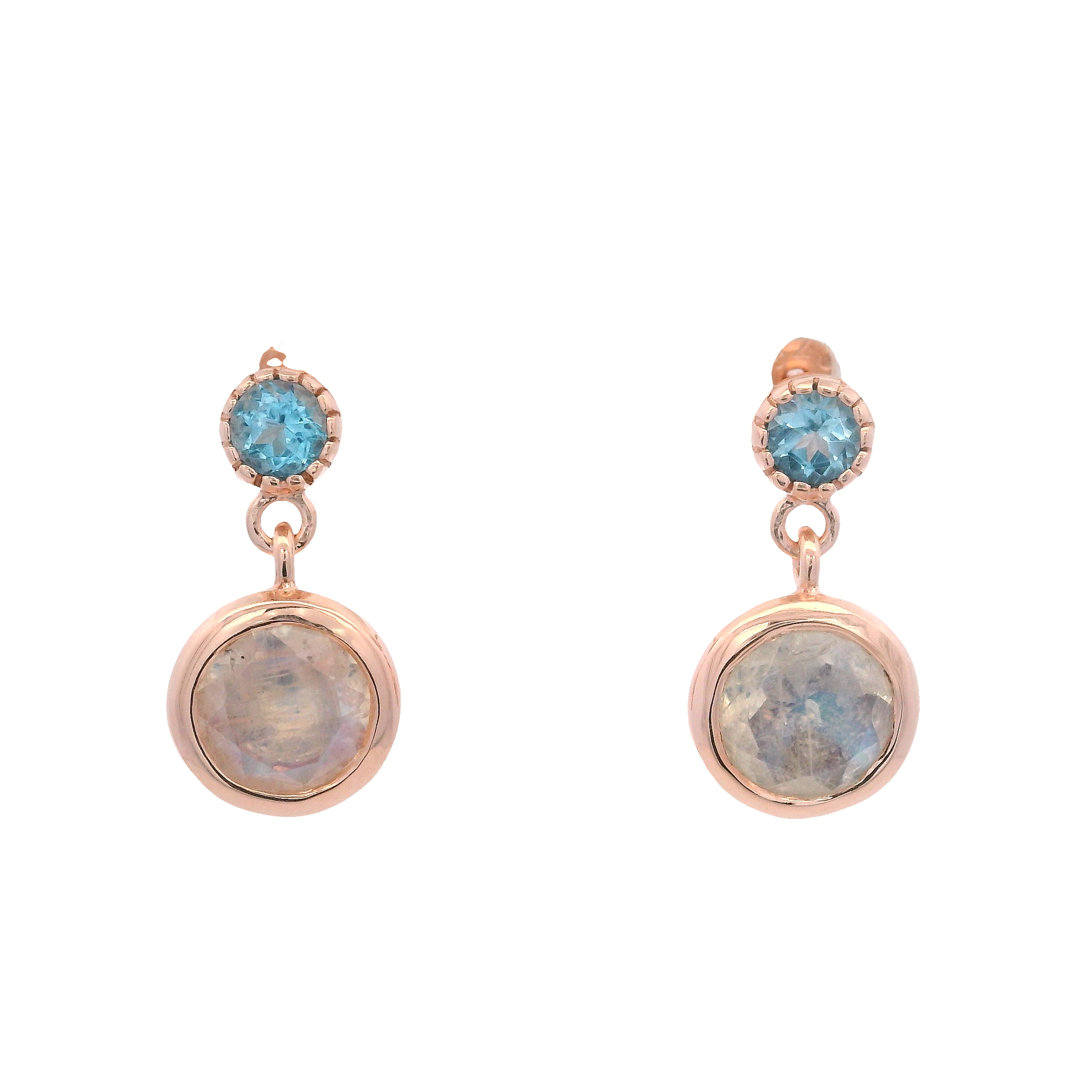 925RG STUD TOPAZ BLUE AND BEZEL DOME MOOSTONE EARRINGS