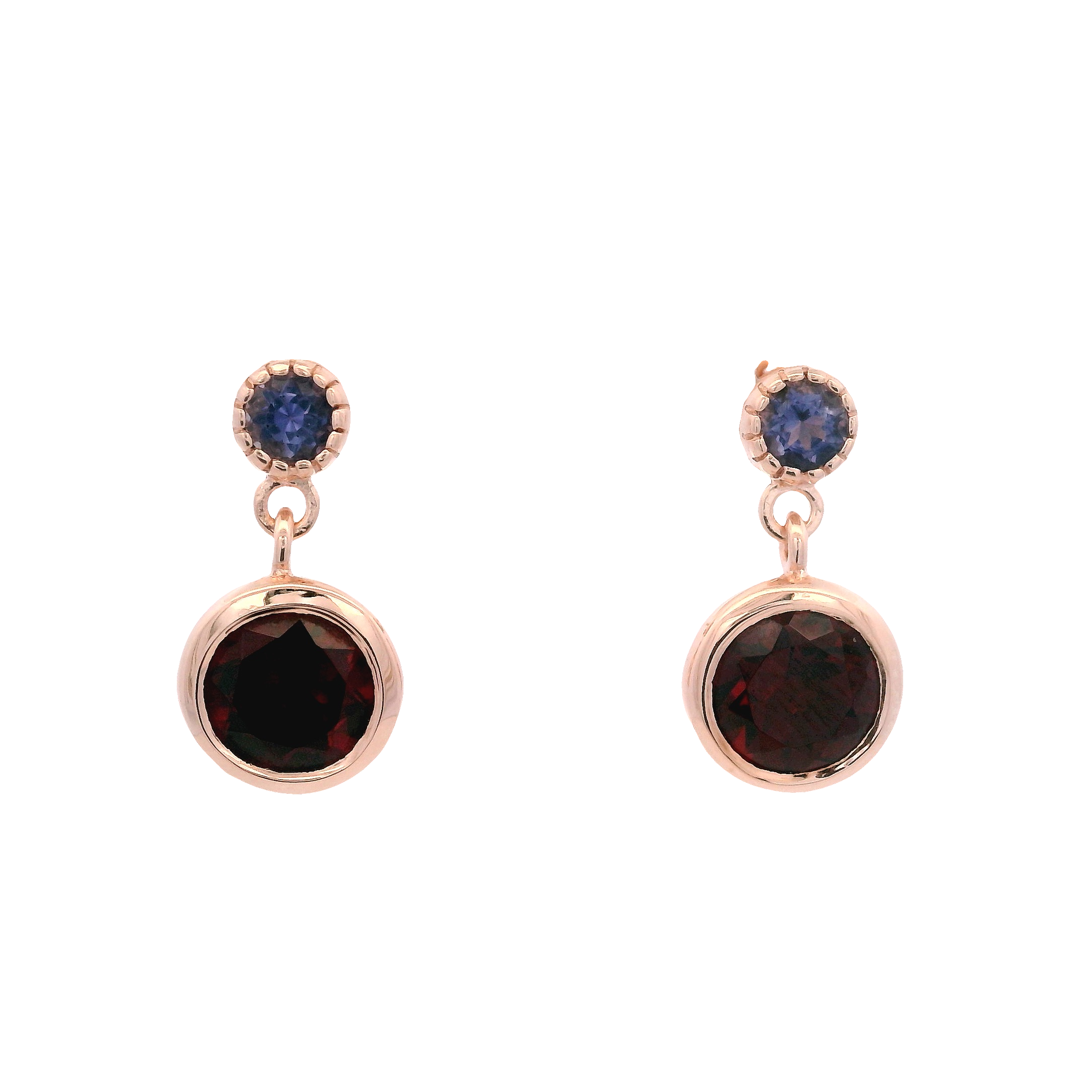 925RG STUD IOLITE BEZEL DOME GARNET EARRINGS