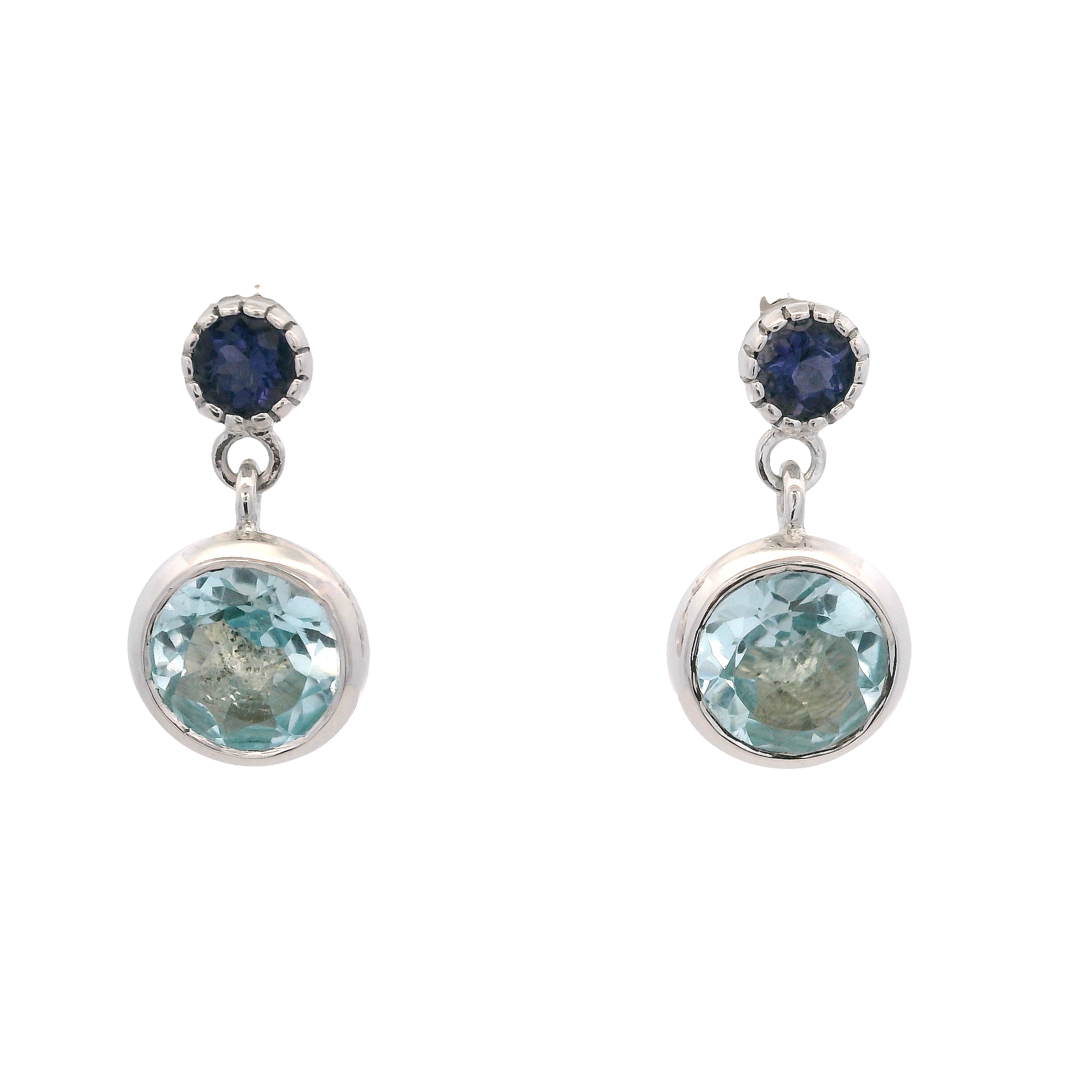 925SL STUD IOLITE AND BEZEL DOME TOPAZ BLUE EARRINGS
