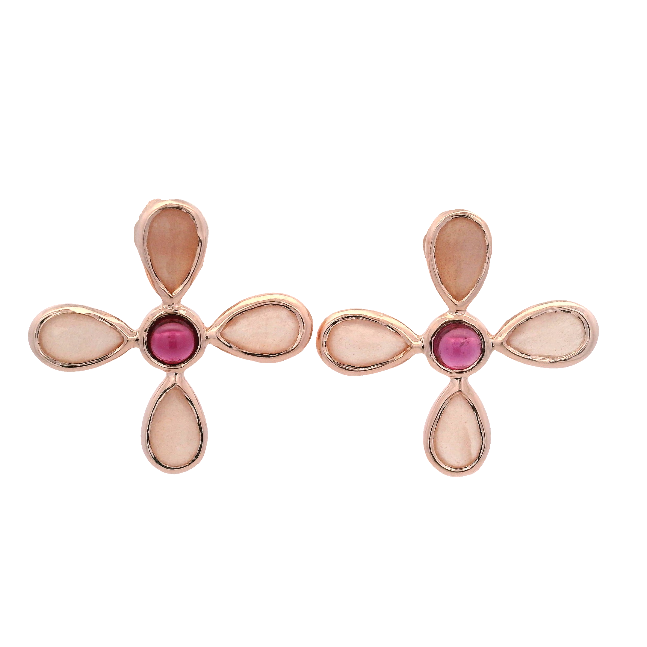 925RG FLOWER MOOSTONE PEACH CENTER GARNET EARRINGS