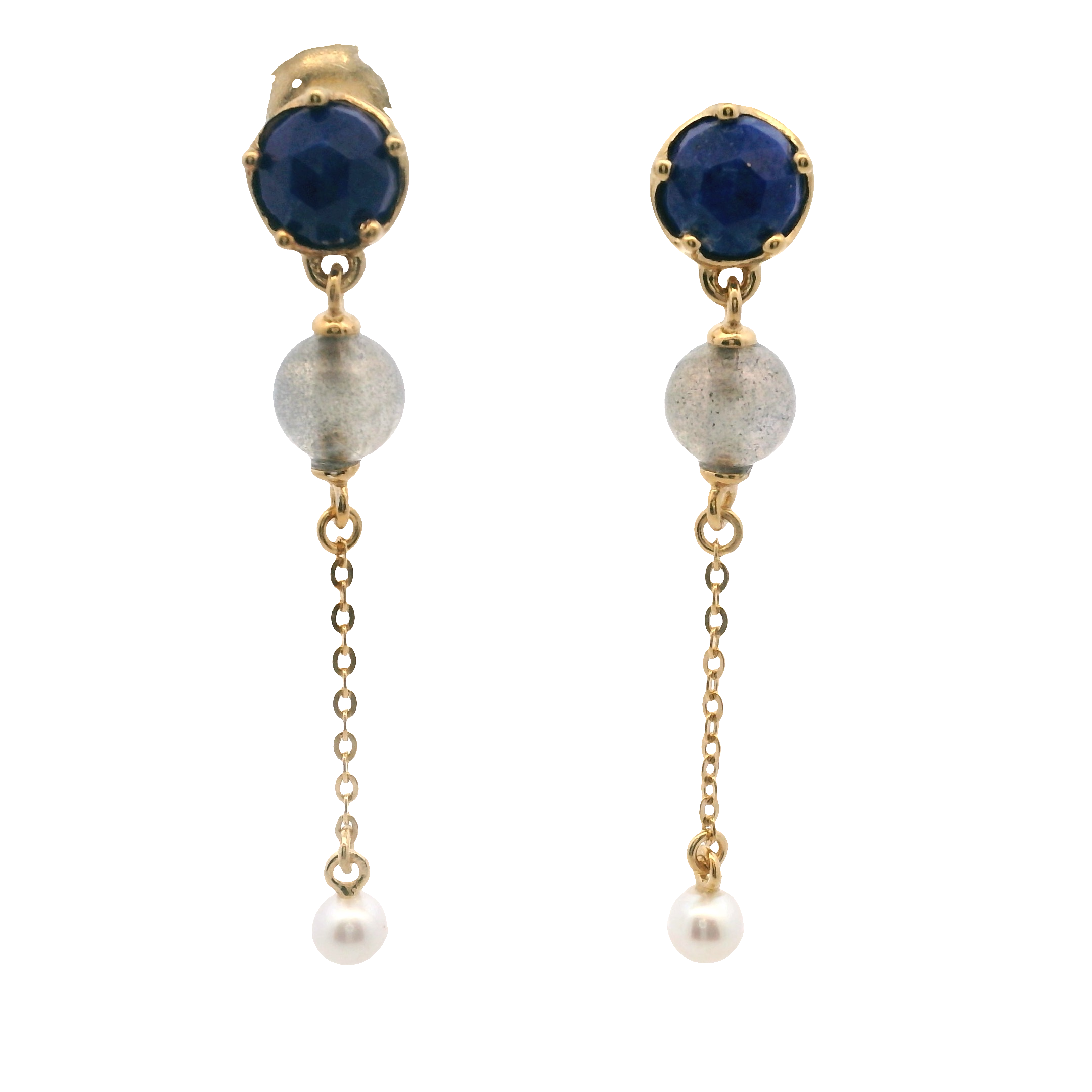 925YG STUD LAPIS LAZULI LABRADORITE CHAIN PEARL EARRINGS