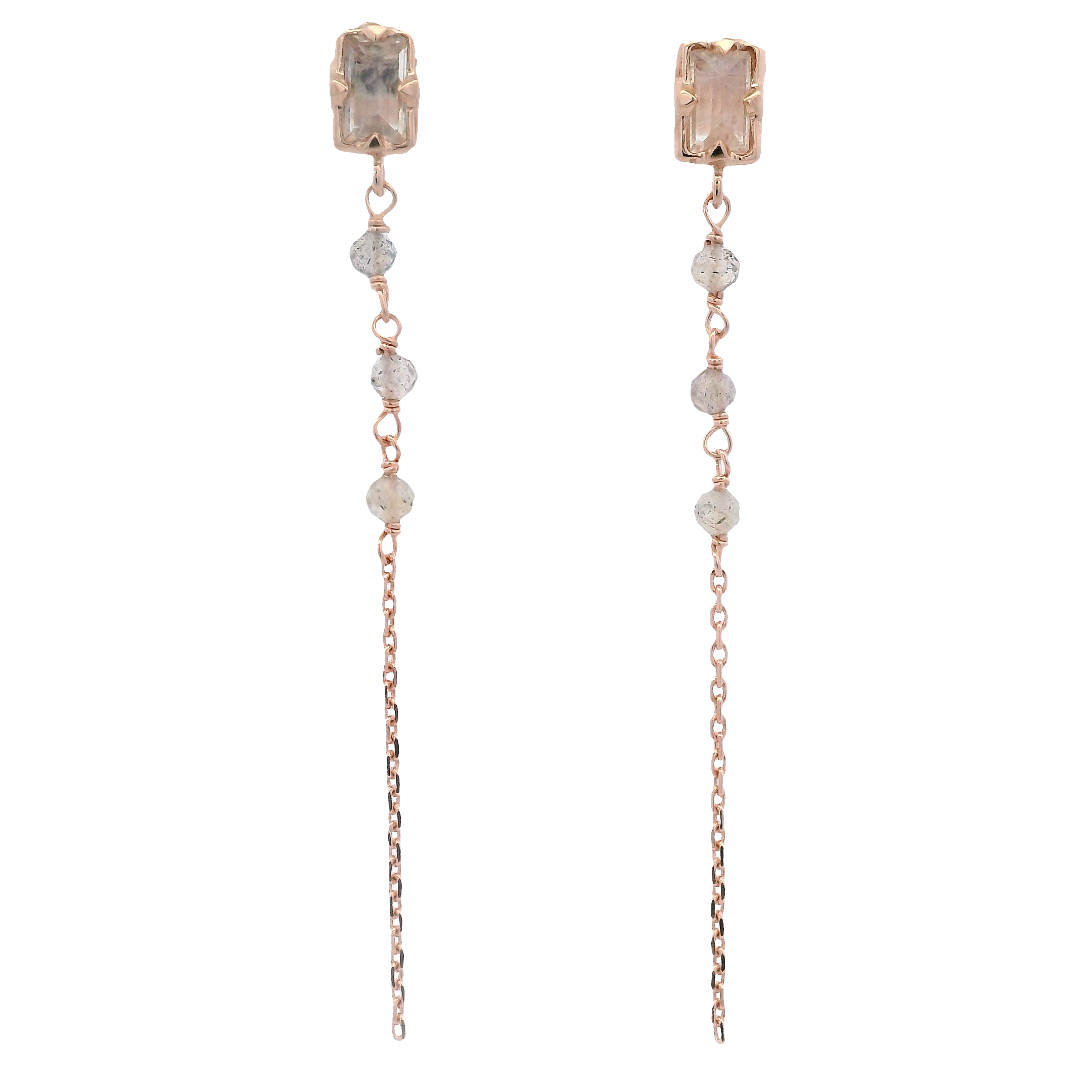 925RG MINI BAGUETTE MOOSTONE CHAIN BEANDS LABRADORITE EARRINGS