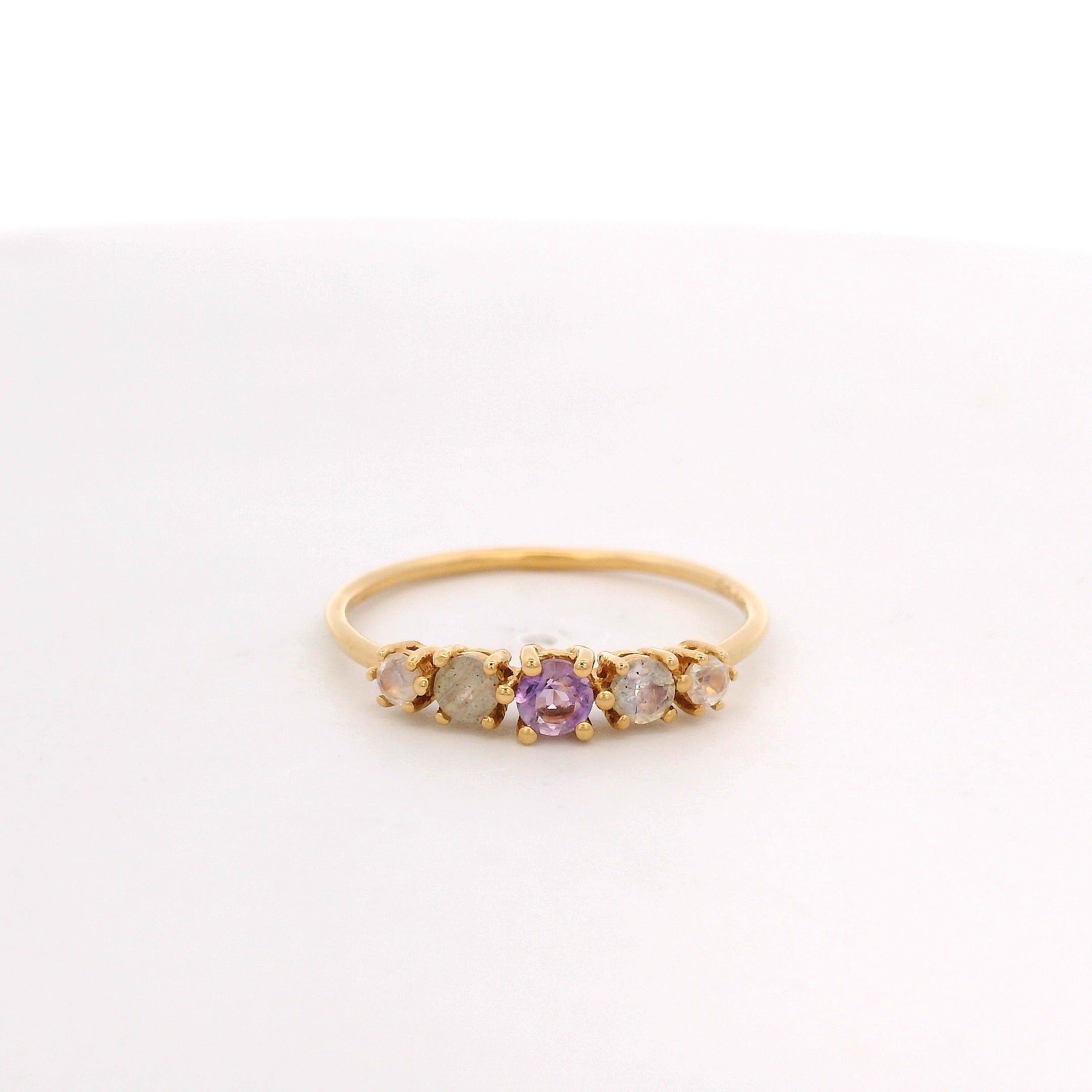 925YG BAR CENTER AMETHYST LABRADORITE AND MOOSTONE RING T6.5