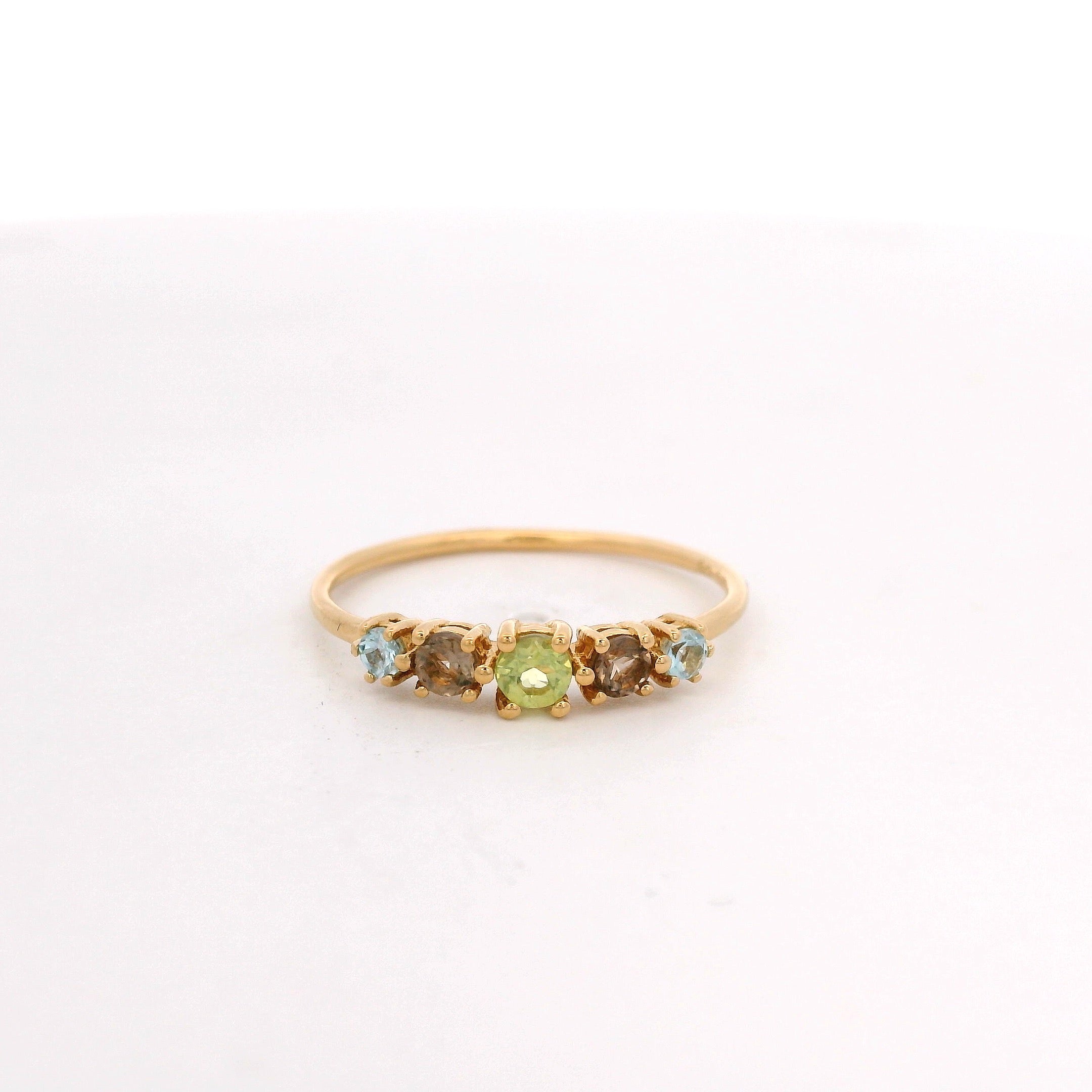 925YG BAR CENTER PERIDOT SMOKY QUARTZ AND TOPAZ BLUE RING T6.5