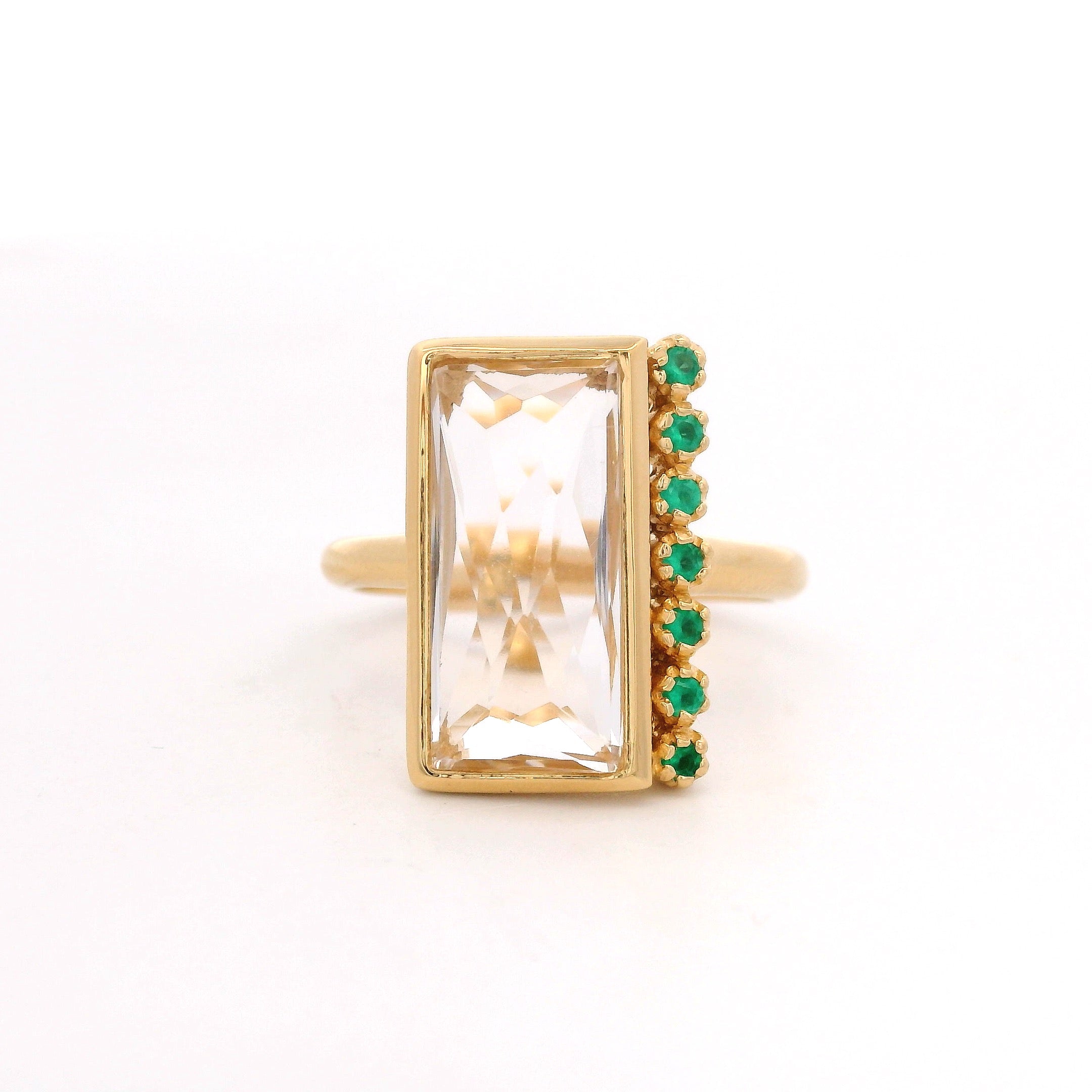 925YG CHUNKY BAGUETTE ROCK CRYSTAL AND ONYX GREEN RING T6.5