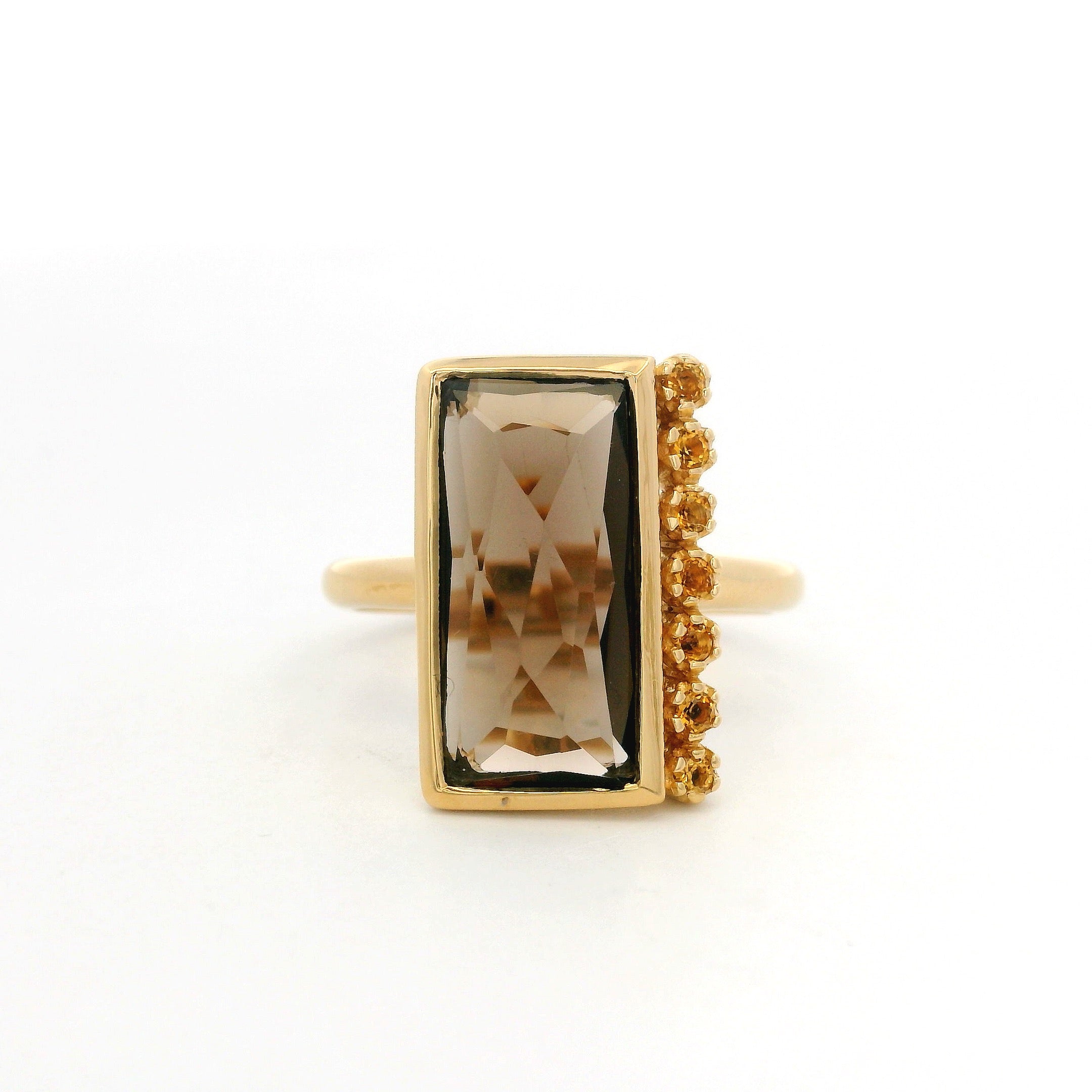 925YG CHUNKY BAGUETTE SMOKY QUARTZ AND CITRINE RING T6.5