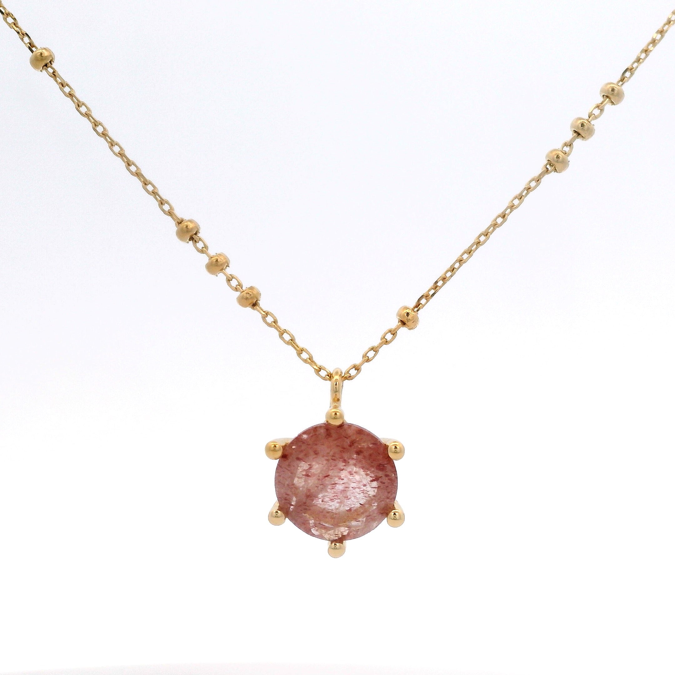 925YG ROUND STRAWBERRY PINK QUARTZ SOLITARY NECKLACE