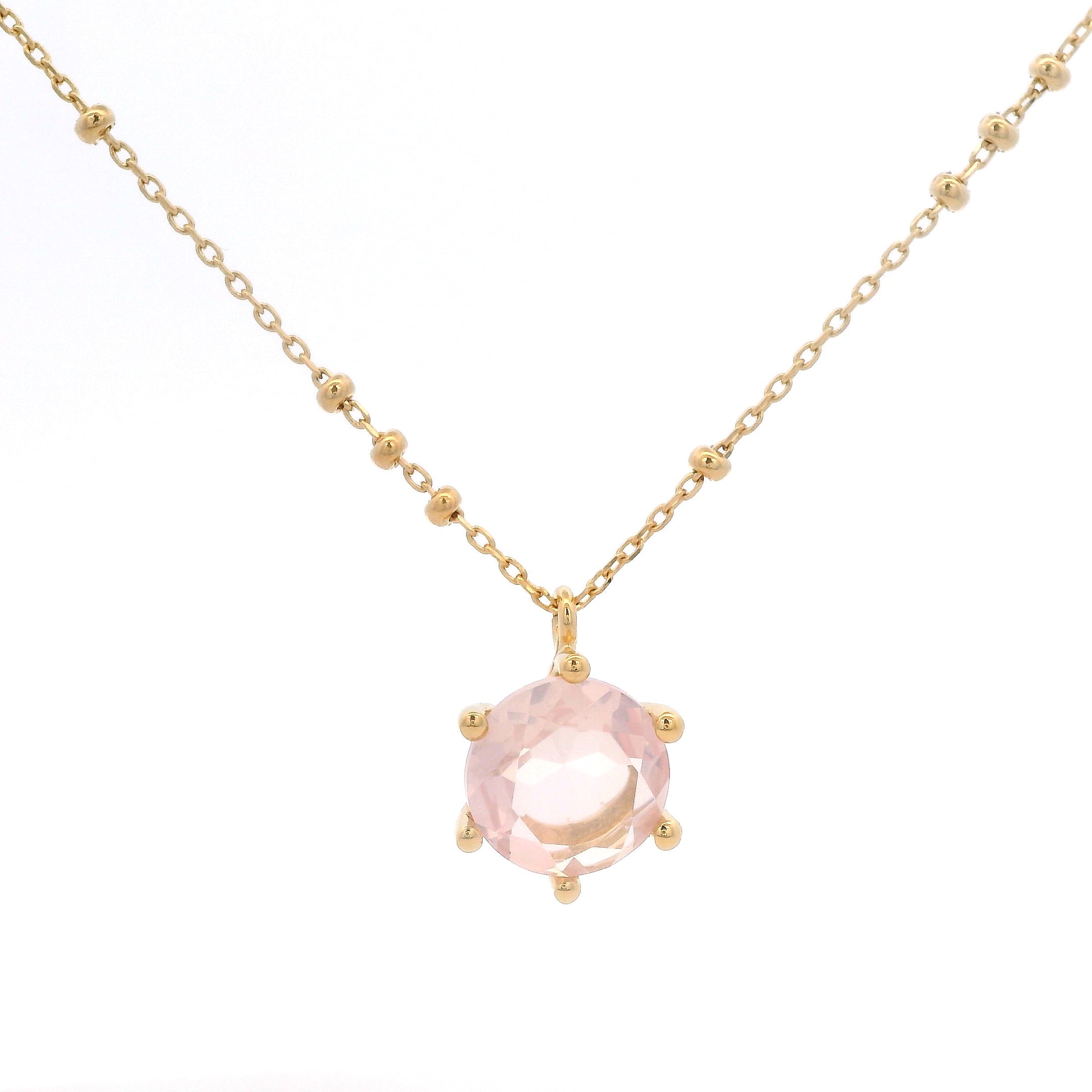 925YG ROUND ROSE QUARTZ SOLITARY NECKLACE