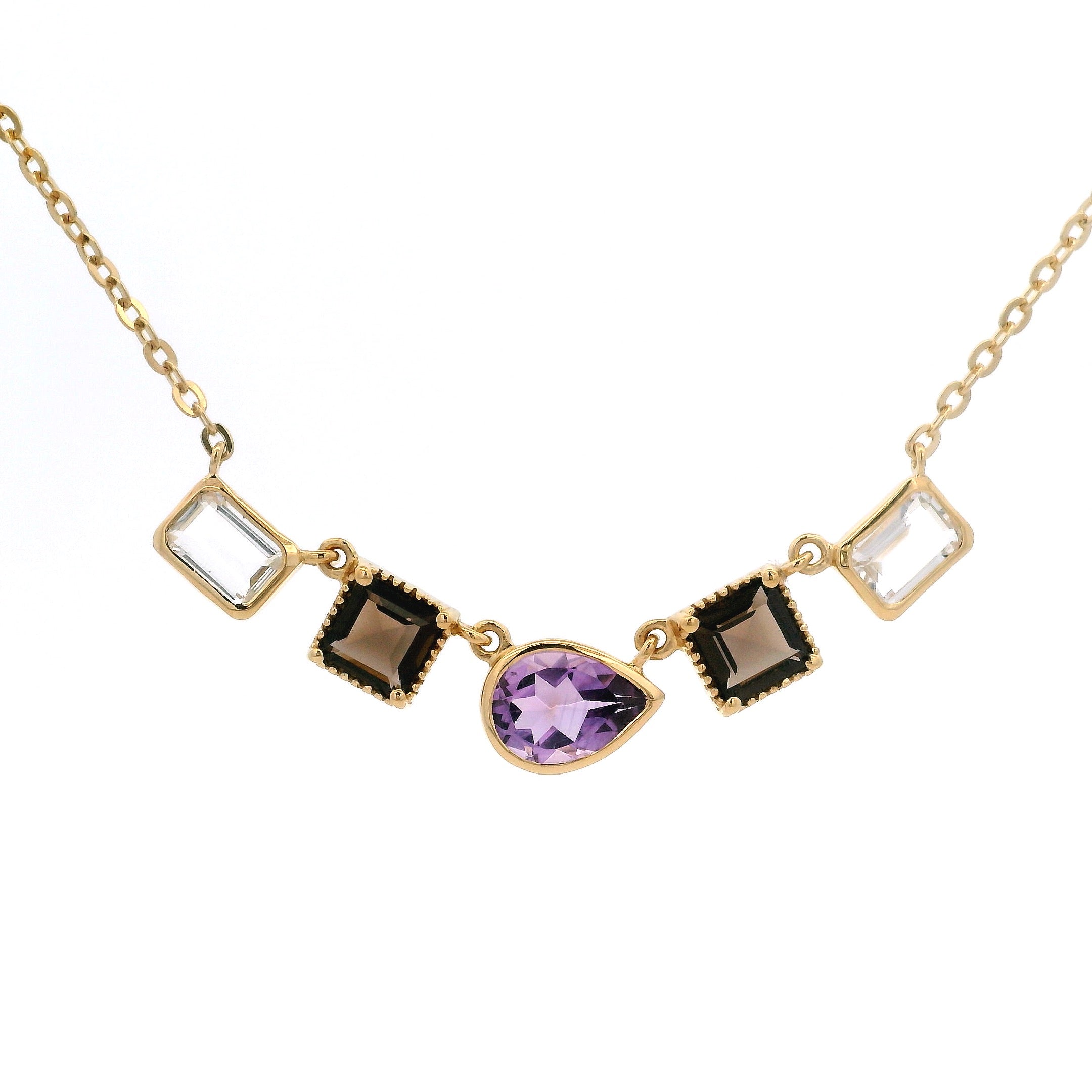 925YG MULTISHAPE DROP AMETHYST SMOKY QUARTZ NECKLACE