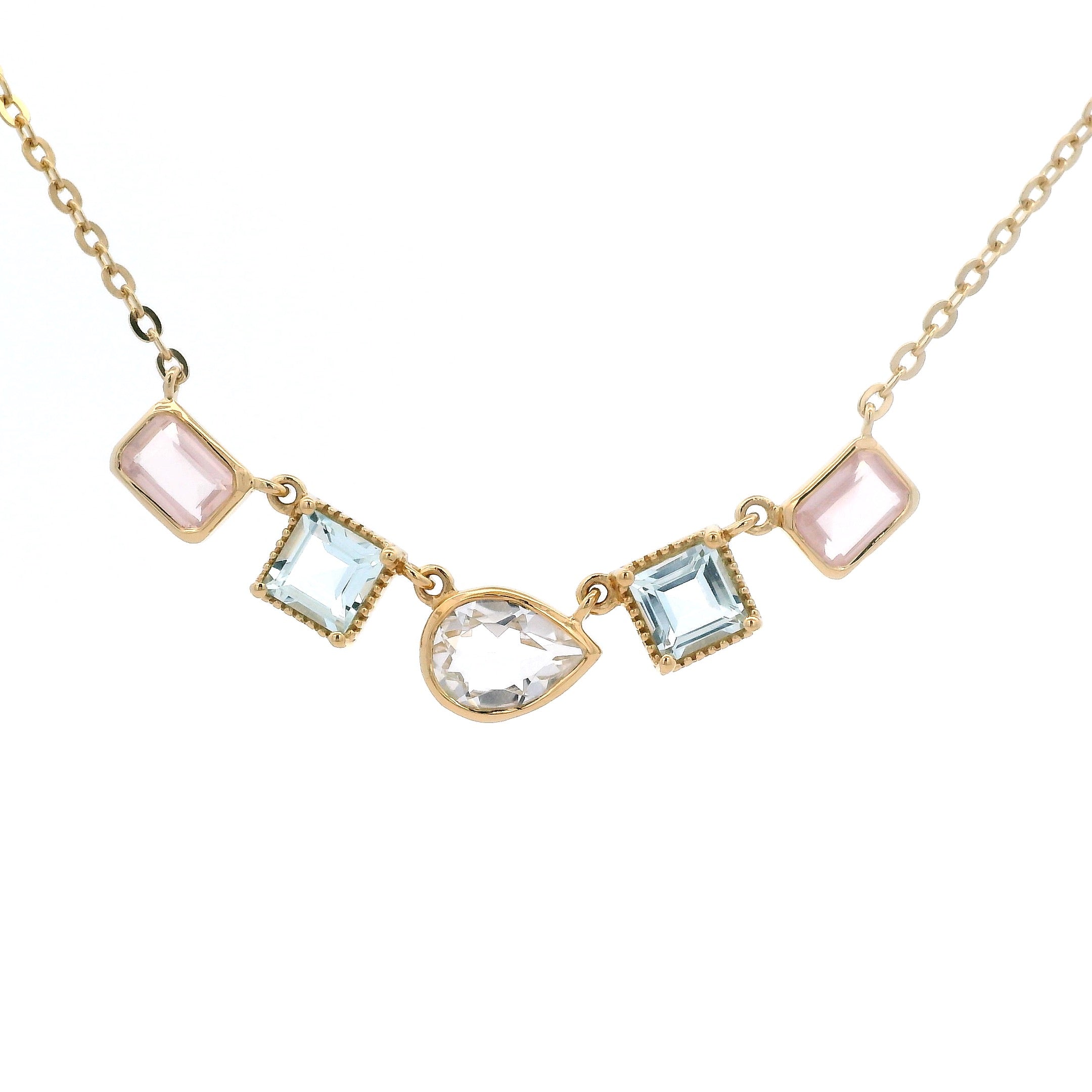 925YG MULTISHAPE DROP ROCK CRYSTAL TOPAZ BLUE NECKLACE