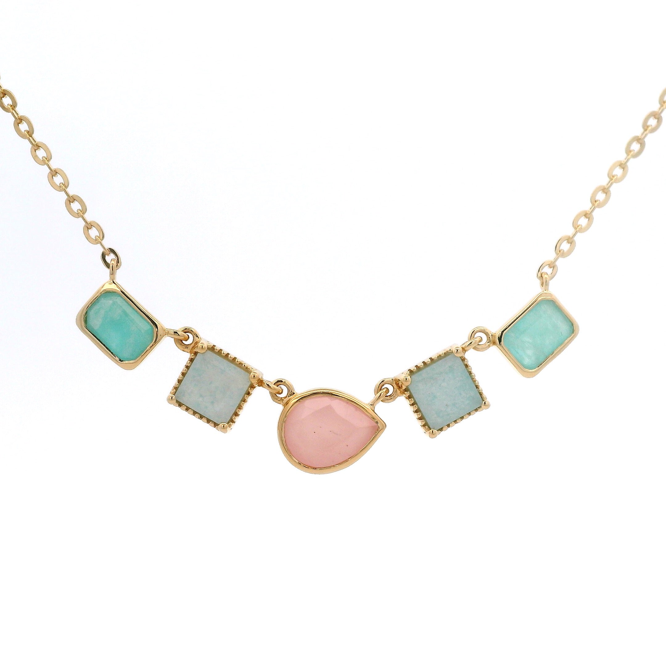 925YG MULTISHAPE DROP PINK QUARTZ AMAZONITE NECKLACE