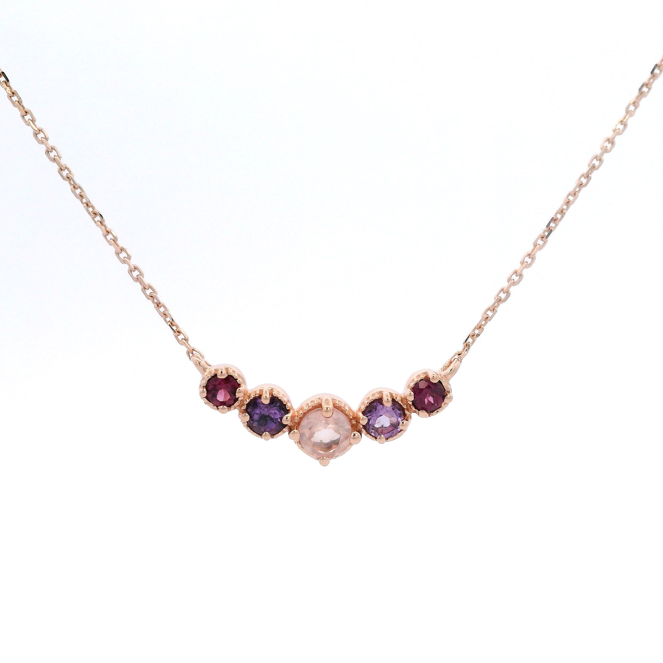 925RG CURV 5 STONE ROSE QUARTZ AMETHYST GARNET NECKLACE