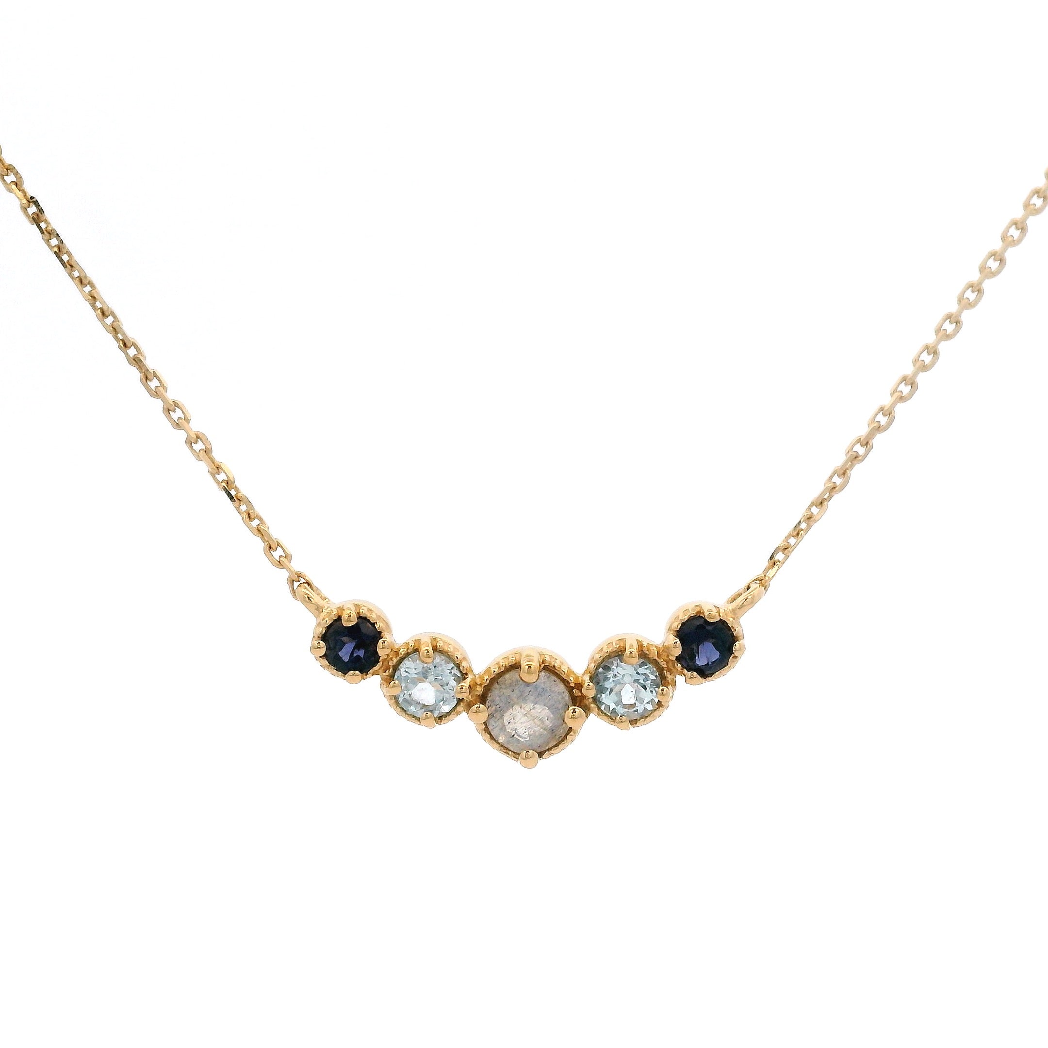 925YG CURV 5 STONE LABRADORITE TOPAZ BLUE IOLITE NECKLACE