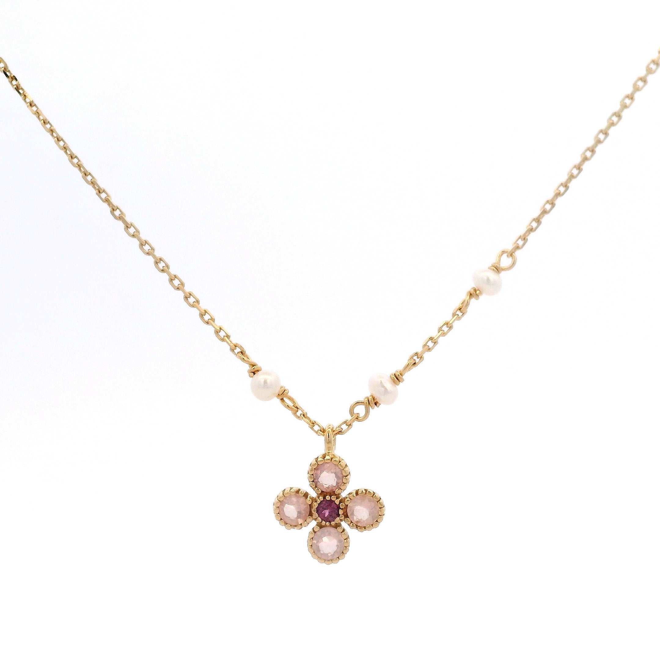 925YG CLOVER ROSE QUARTZ AND PEARL NECKLACE