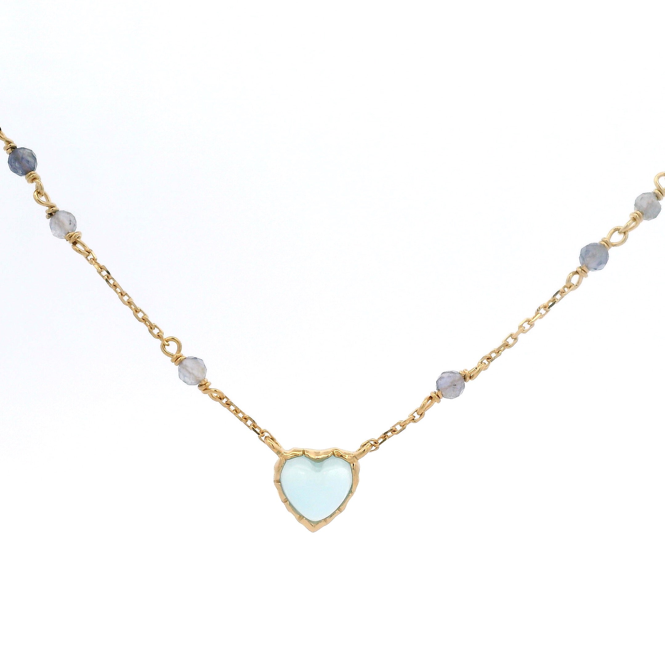 925YG BEZEL HEART CHALCEDONY AND BEANDS IOLITE NECKLACE