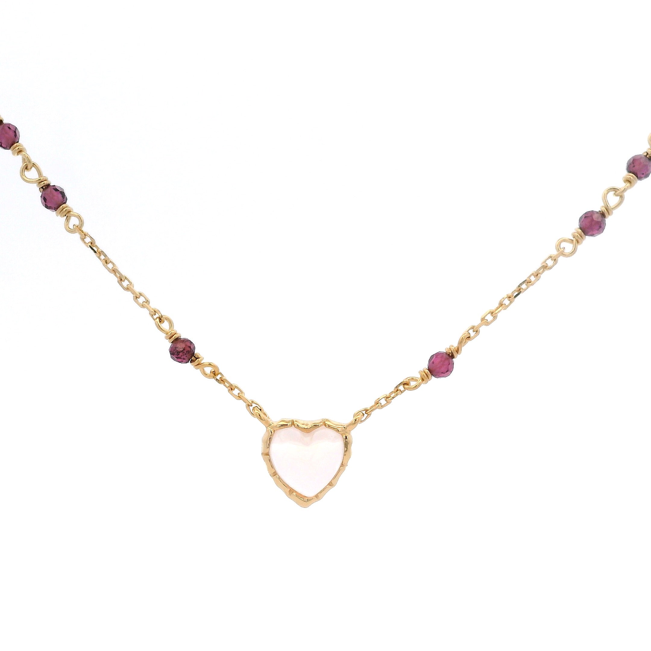 925YG BEZEL HEART ROSE QUARTZ AND BEANDS GARNET NECKLACE