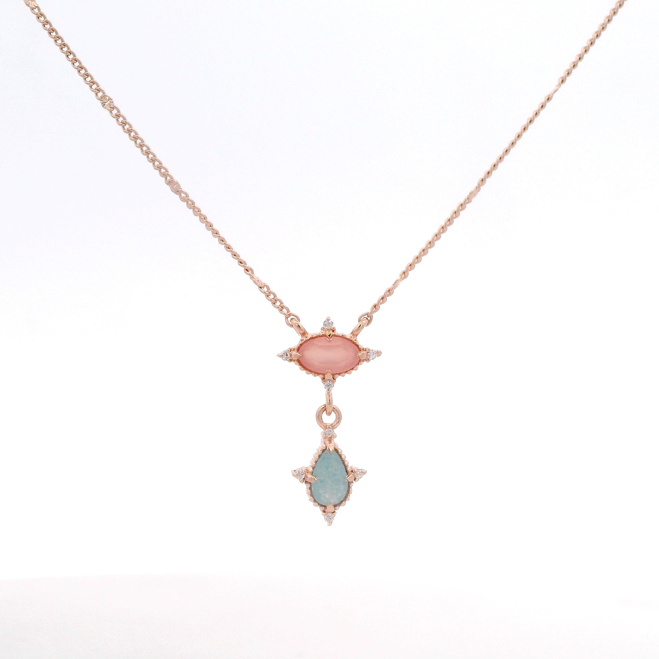 925RG MINI OVAL PINK QUARTZ DROP AQUA NECKLACE