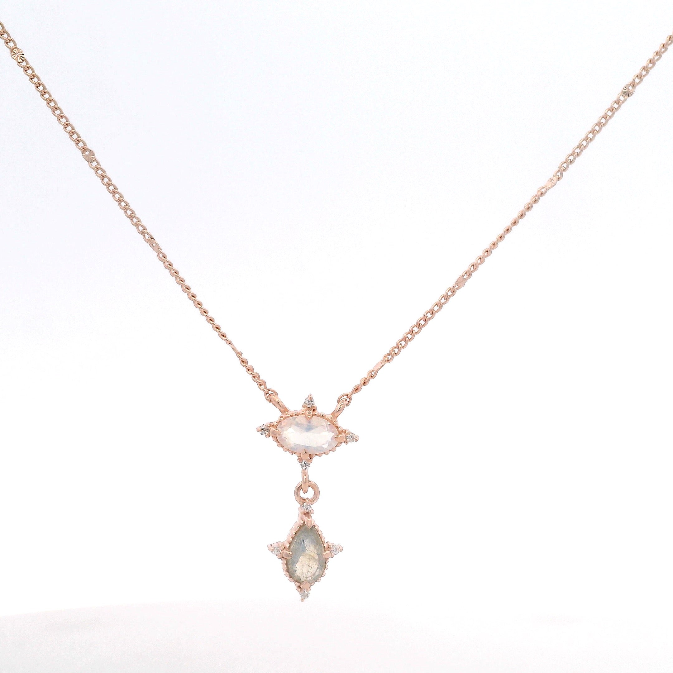 925RG MINI OVAL MOOSTONE DROP LABRADORITE NECKLACE