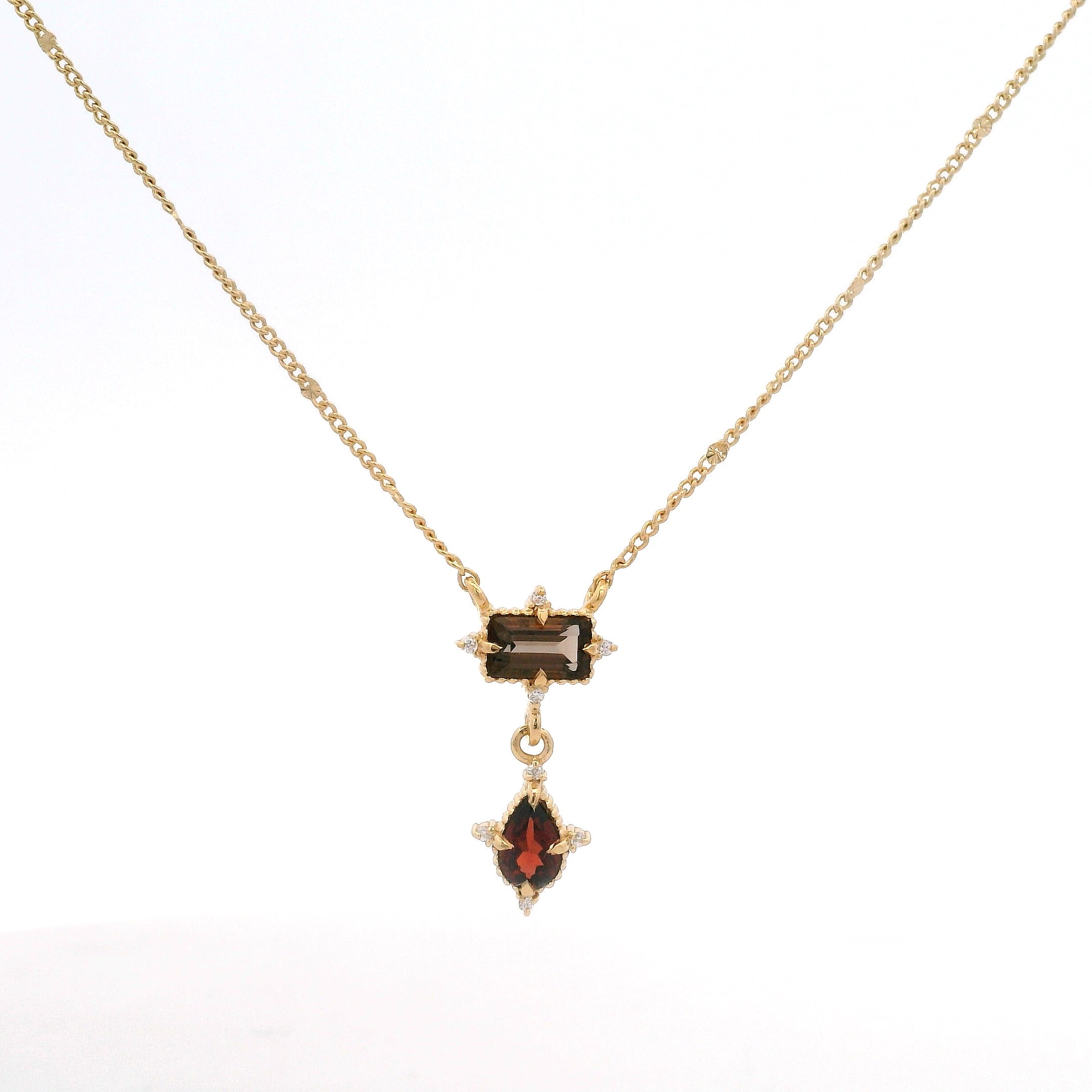 925YG MINI SQUARE SMOKY QUARTZ DROP GARNET NECKLACE