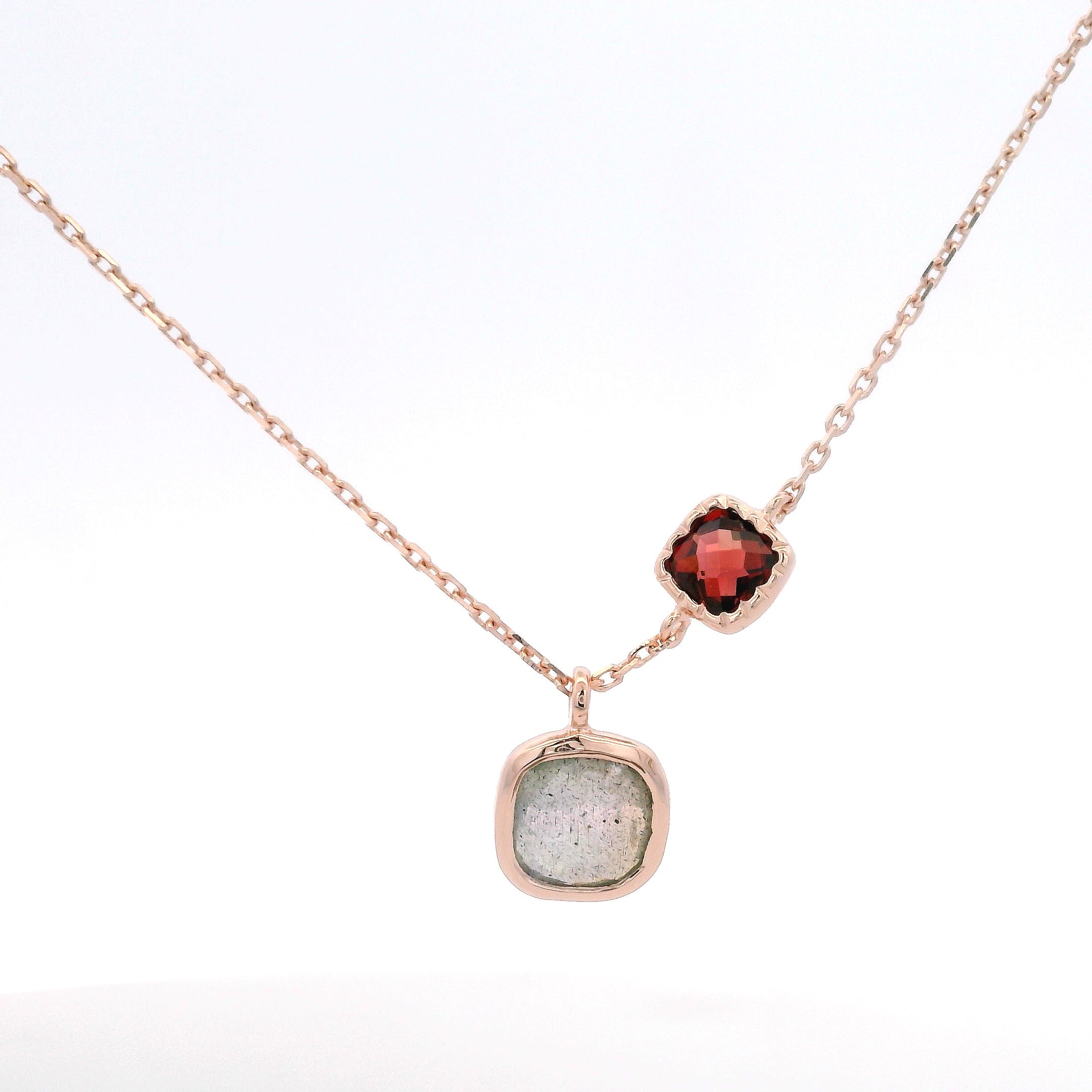 925RG DOUBLE SQUARE LABRADORITE WITH GARNET NECKLACE