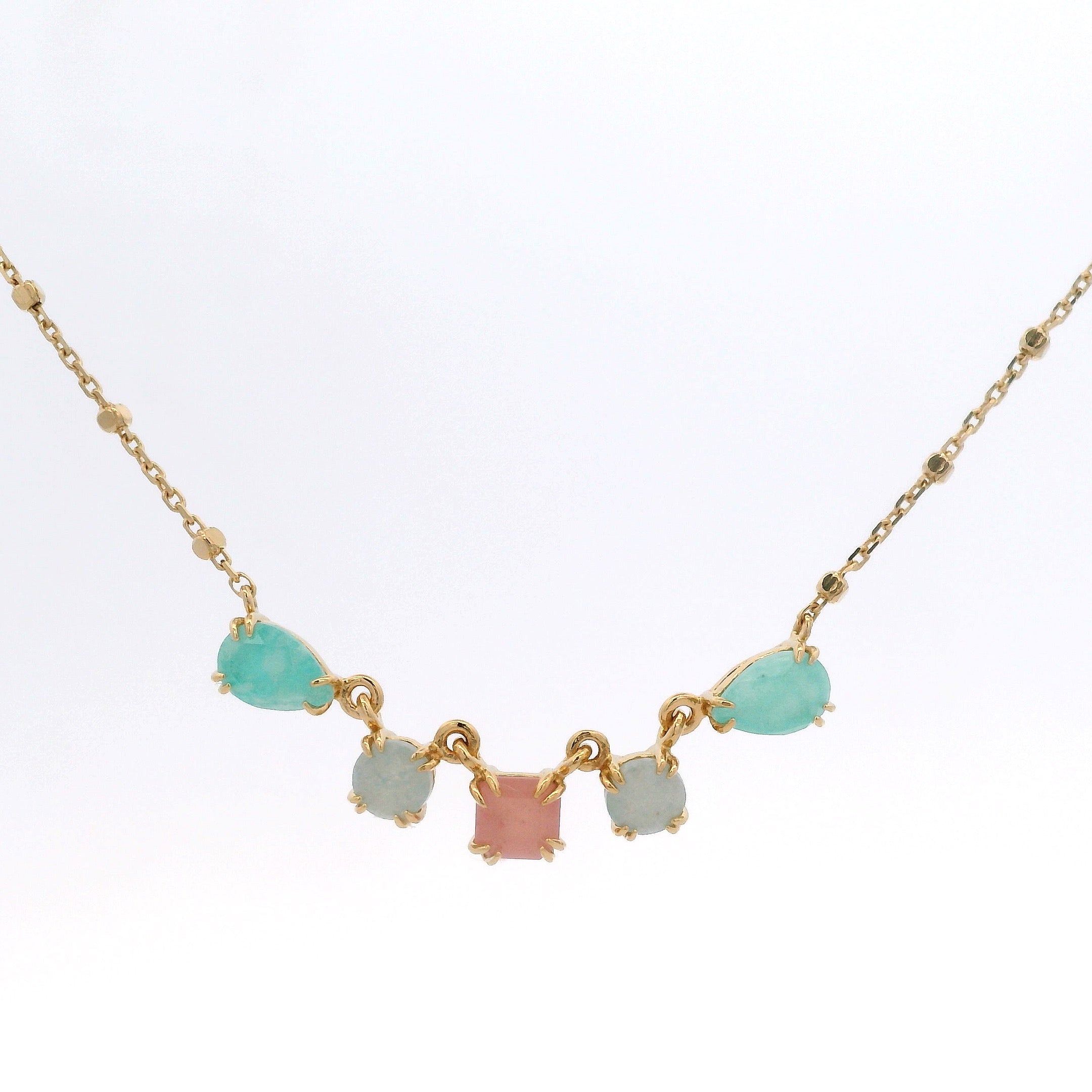 925YG STATION CENTER PINK QUARTZ AMAZONITE AQUA NECKLACE