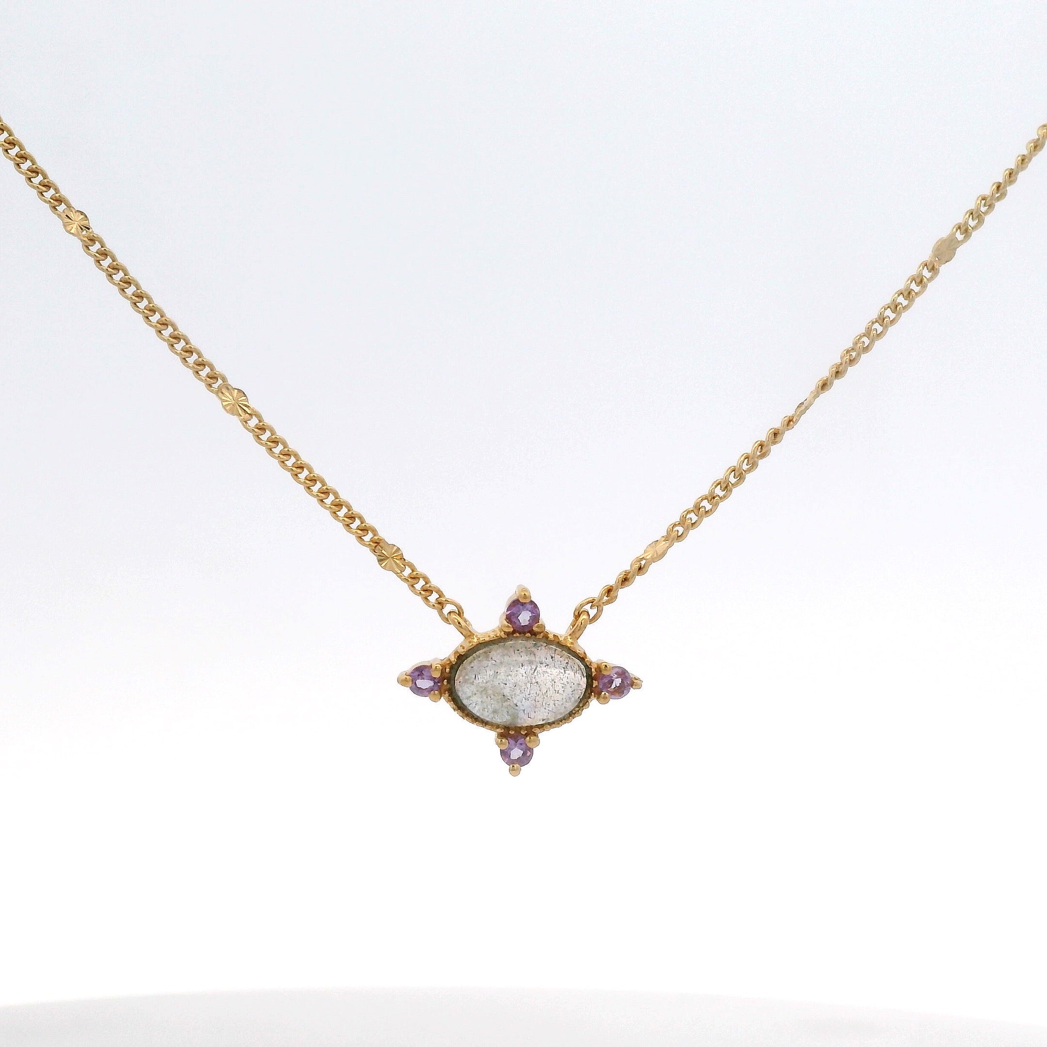 925YG OVAL LABRADORITE 4 POINTS AMETHYST NECKLACE