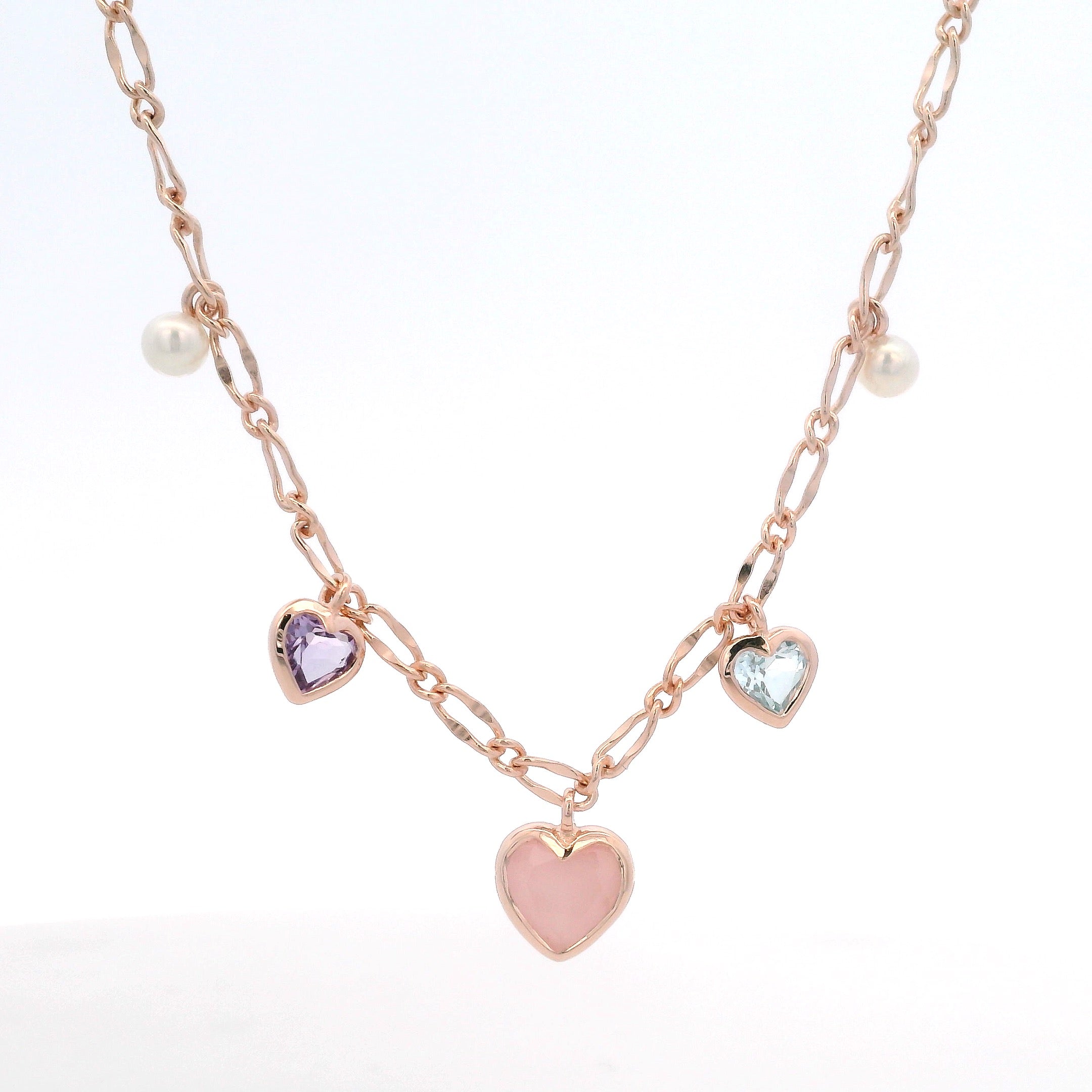925RG STATION HEART BEZEL CENTER PINK QUARTZ NECKLACE