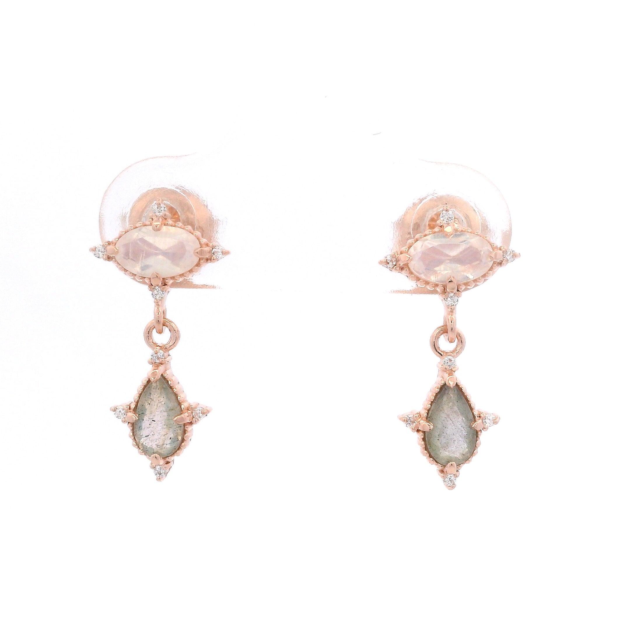 925RG OVAL MOOSTONE DROP LABRADORITE CZ EARRINGS