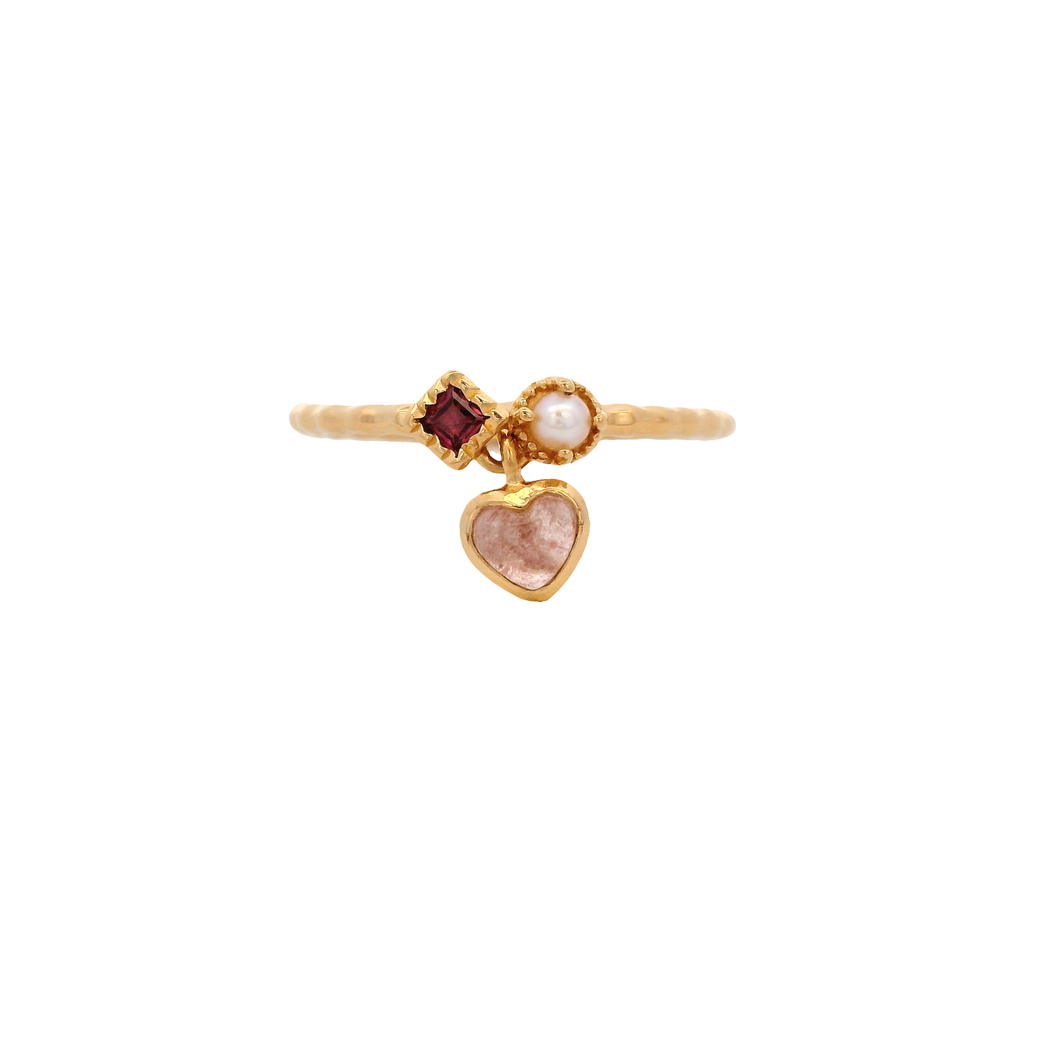 925YG PEARL GARNET AND MINI HEART STRAWBERRY QUARTZ RING T6.5