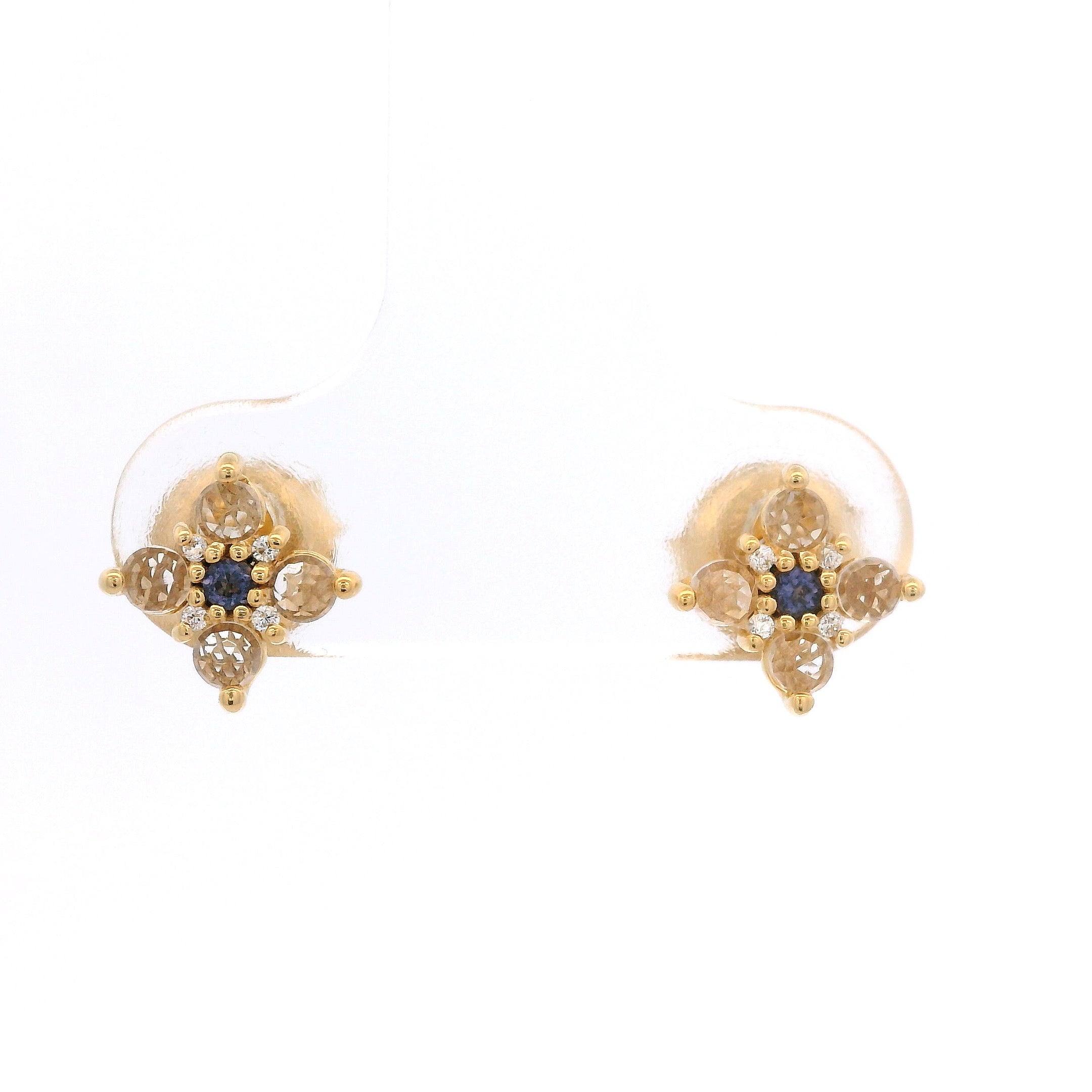 925YG MINI FLOWER TOPAZ WHITE CENTER IOLITE EARRINGS