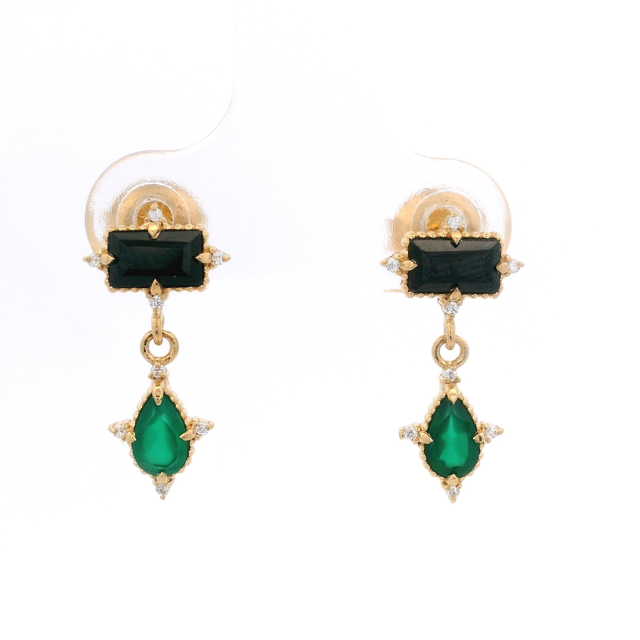 925YG RECTAGLE SPINEL BLACK DROP ONYX GREEN CZ EARRINGS
