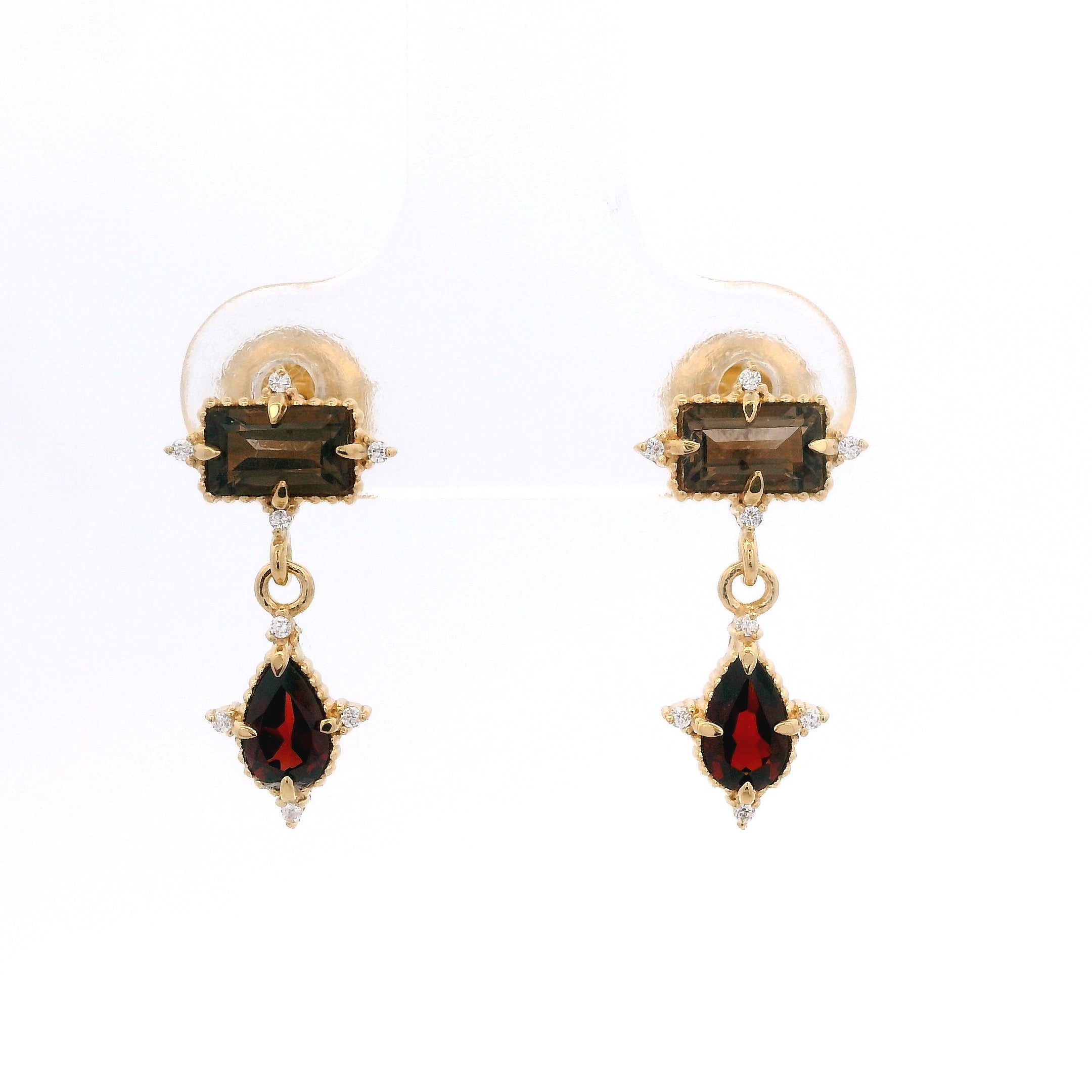 925YG RECTAGLE SMOKY QUARTZ DROP GARNET CZ EARRINGS