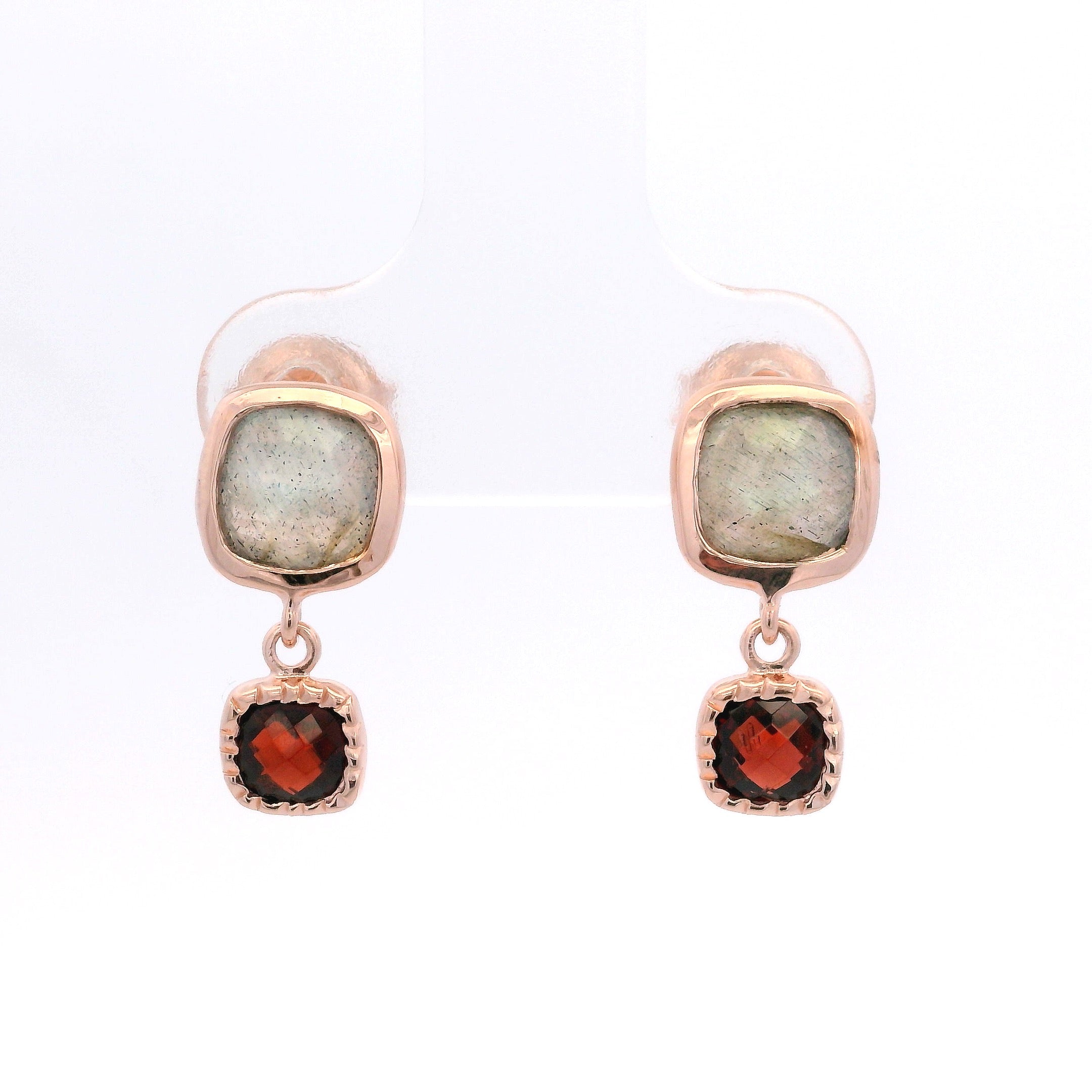 925RG DOUBLE SQUARE LABRADORITE WITH GARNET EARRINGS