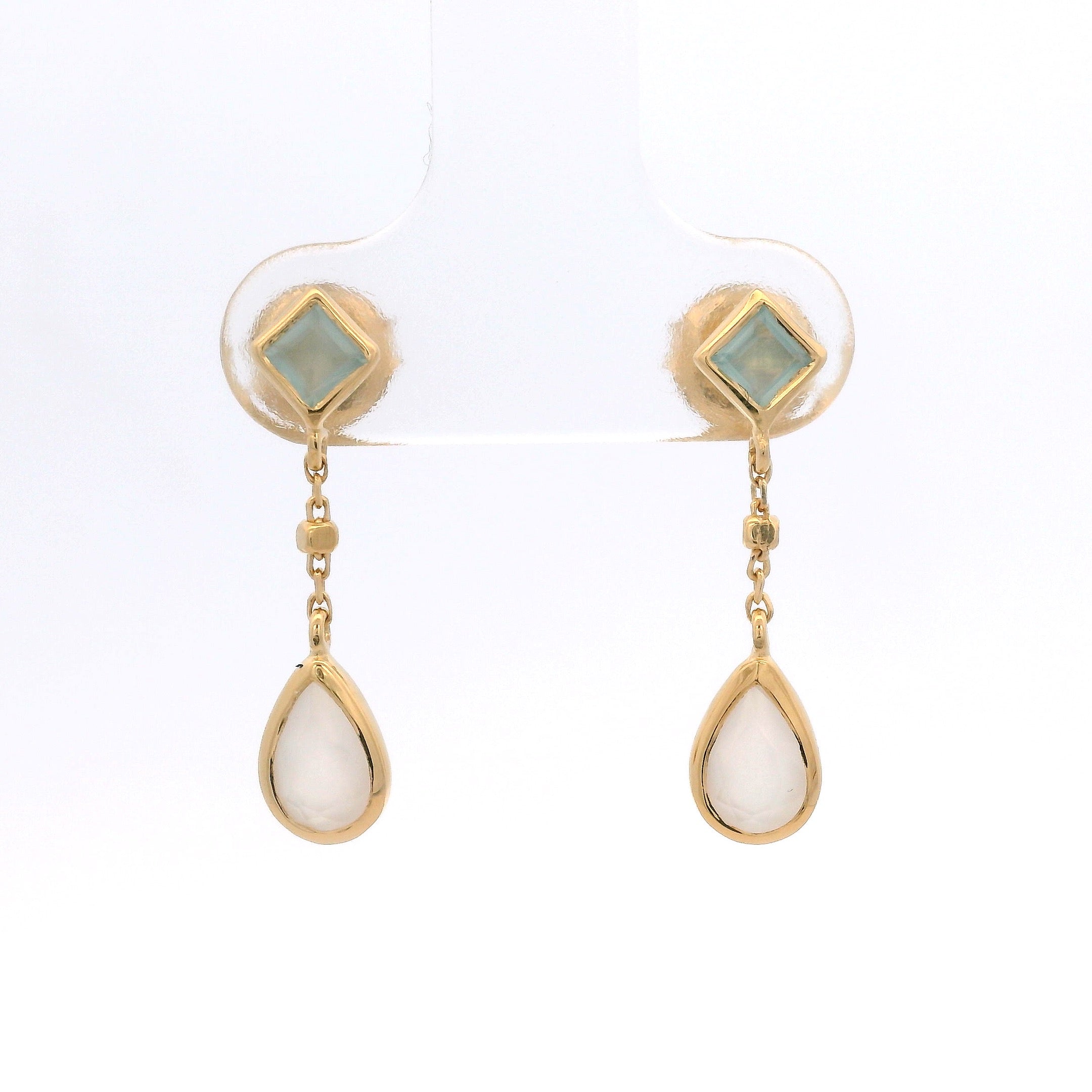 925YG RHOMBUS CHALCEDONY CHAIN DROP MOOSTONE EARRINGS