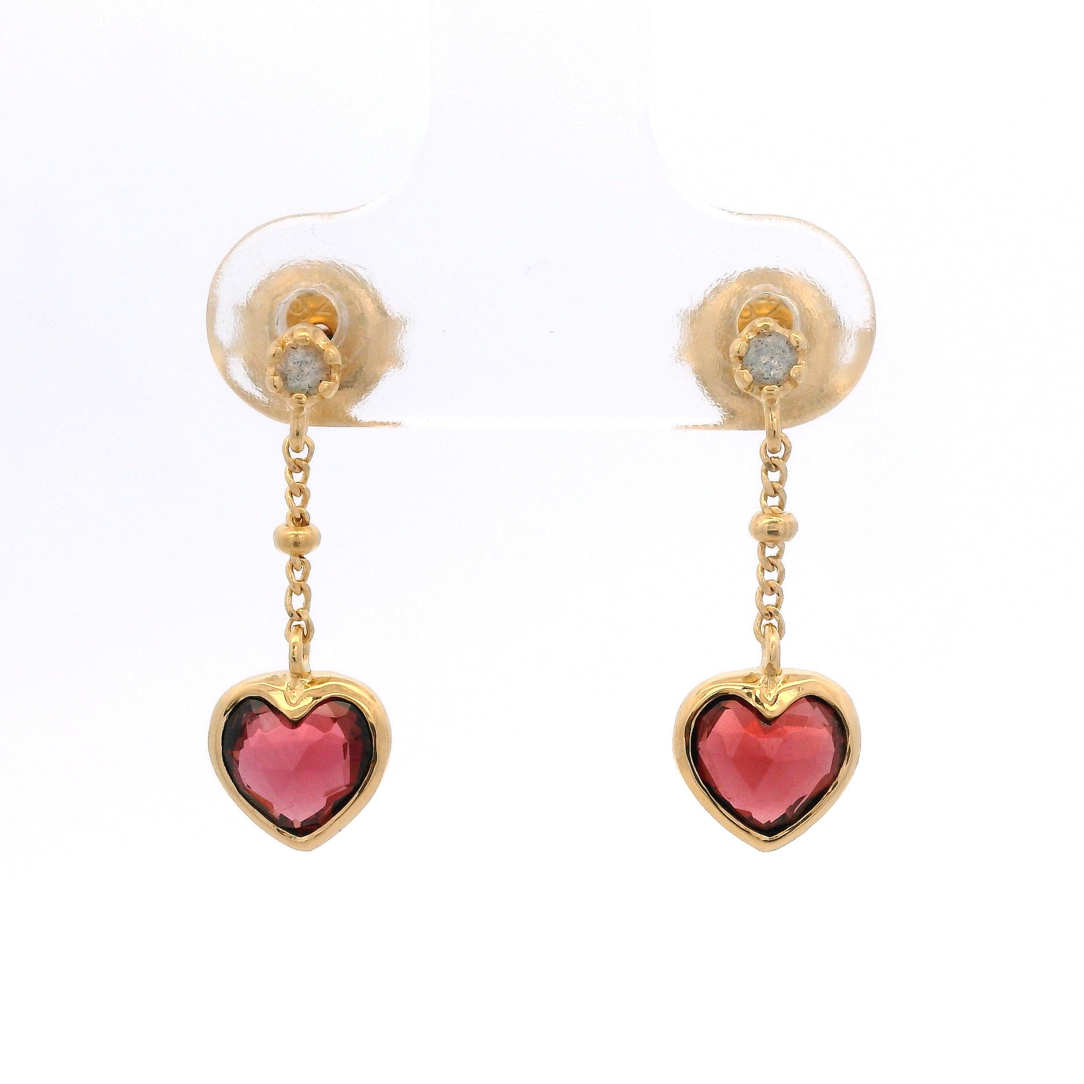 925YG HEART BEZEL GARNET CHAIN EARRINGS