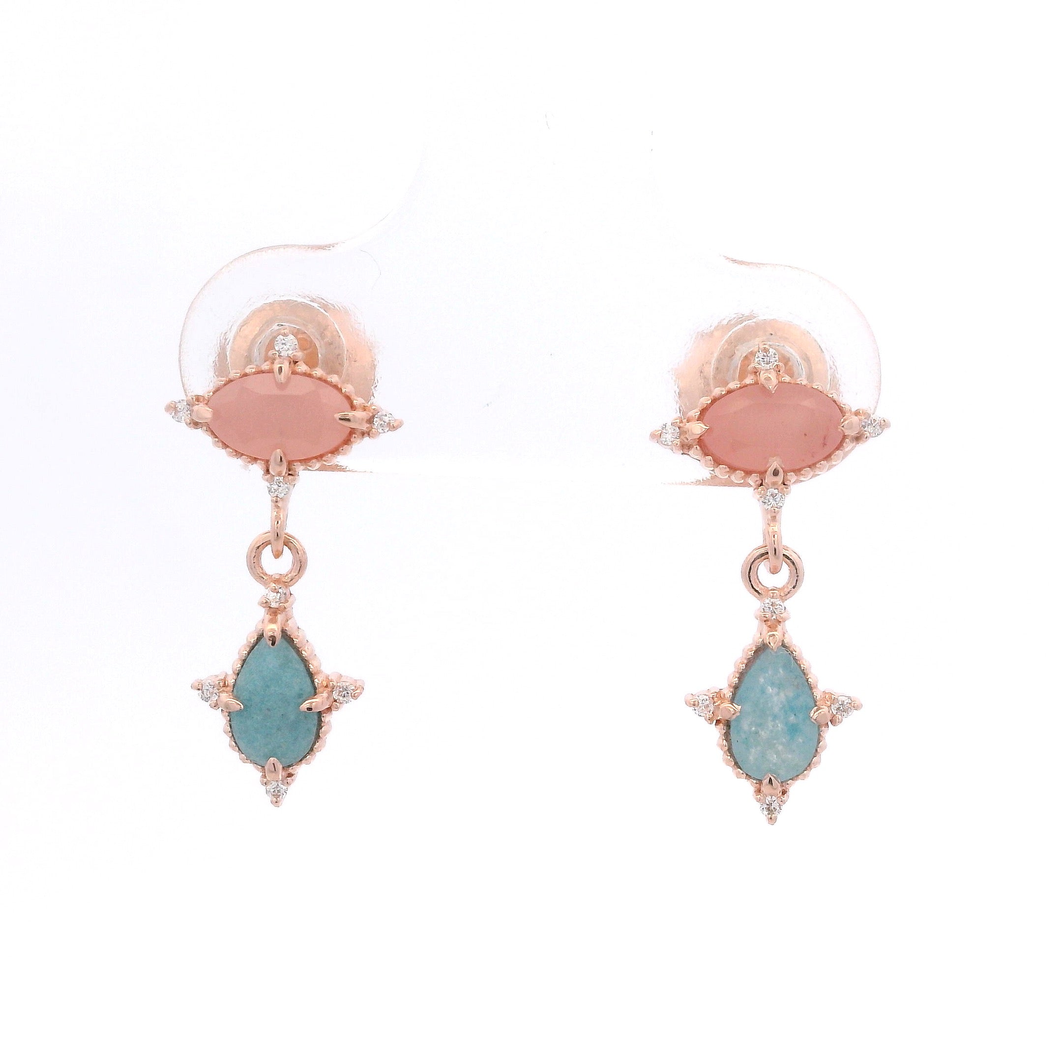925RG OVAL ROSE QUARTZ DROP AQUA CZ EARRINGS