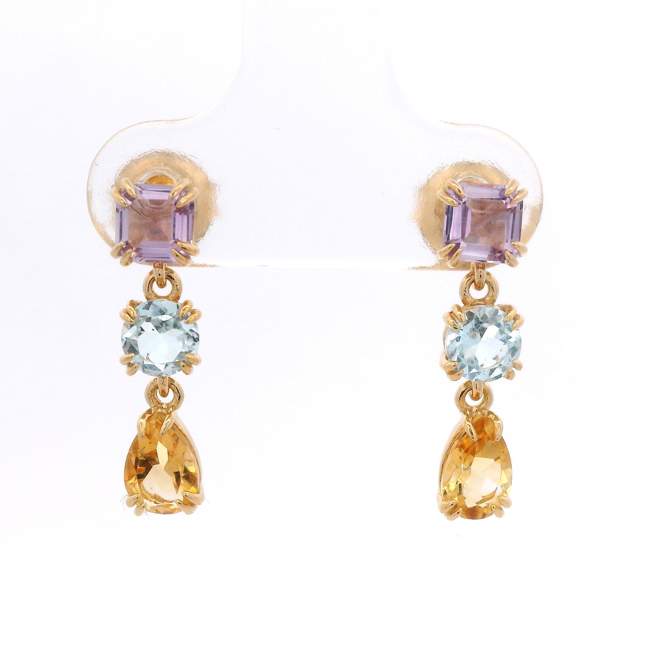 925YG MULTI SHAPE AMETHYST TOPAZ BLUE AND CITRINE EARRINGS