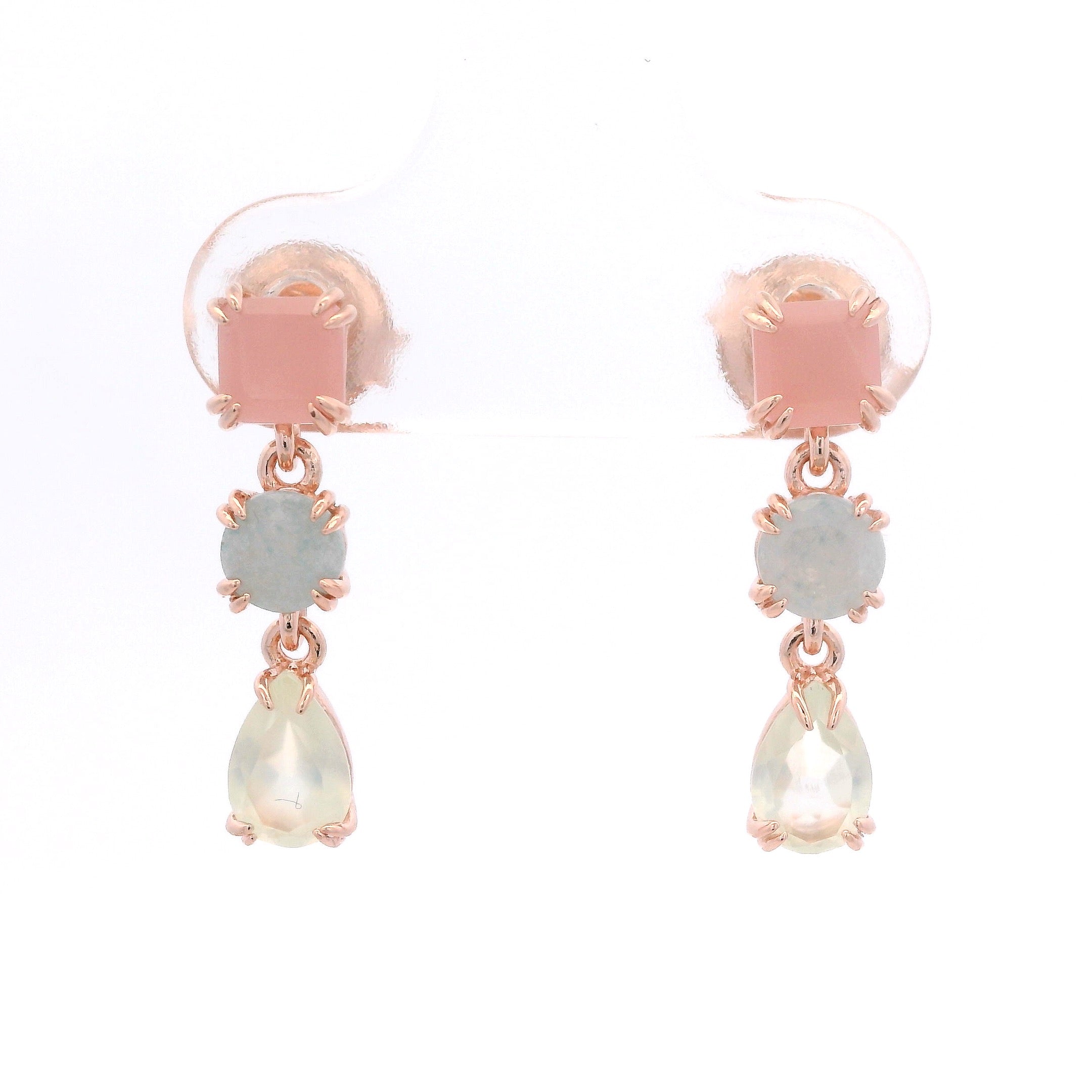925RG MULTI SHAPE PINK QUARTZ AQUA QUARTZ PREHNITE EARRINGS