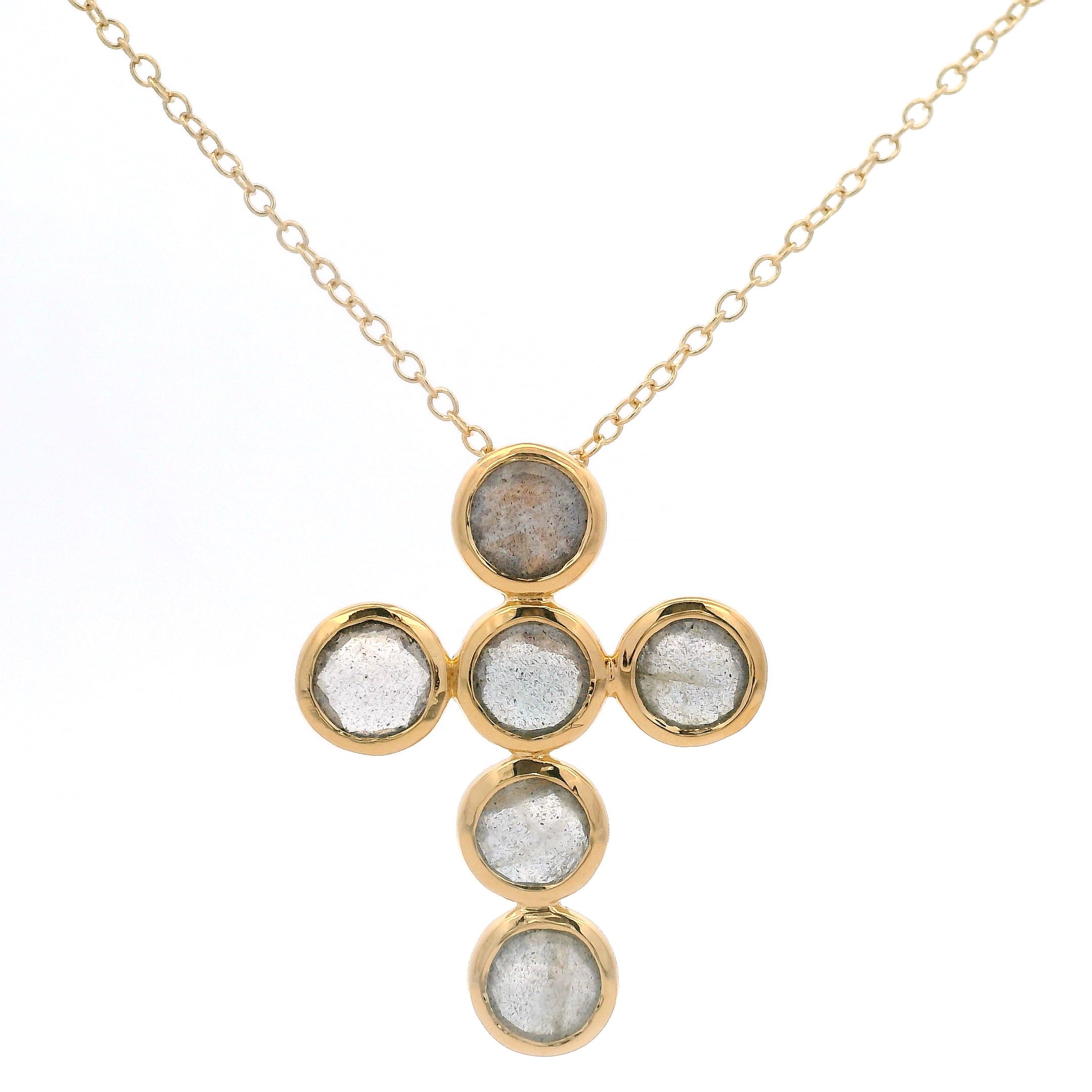 925YG CROSS OF ROUND LABRADORITE NECKLACE