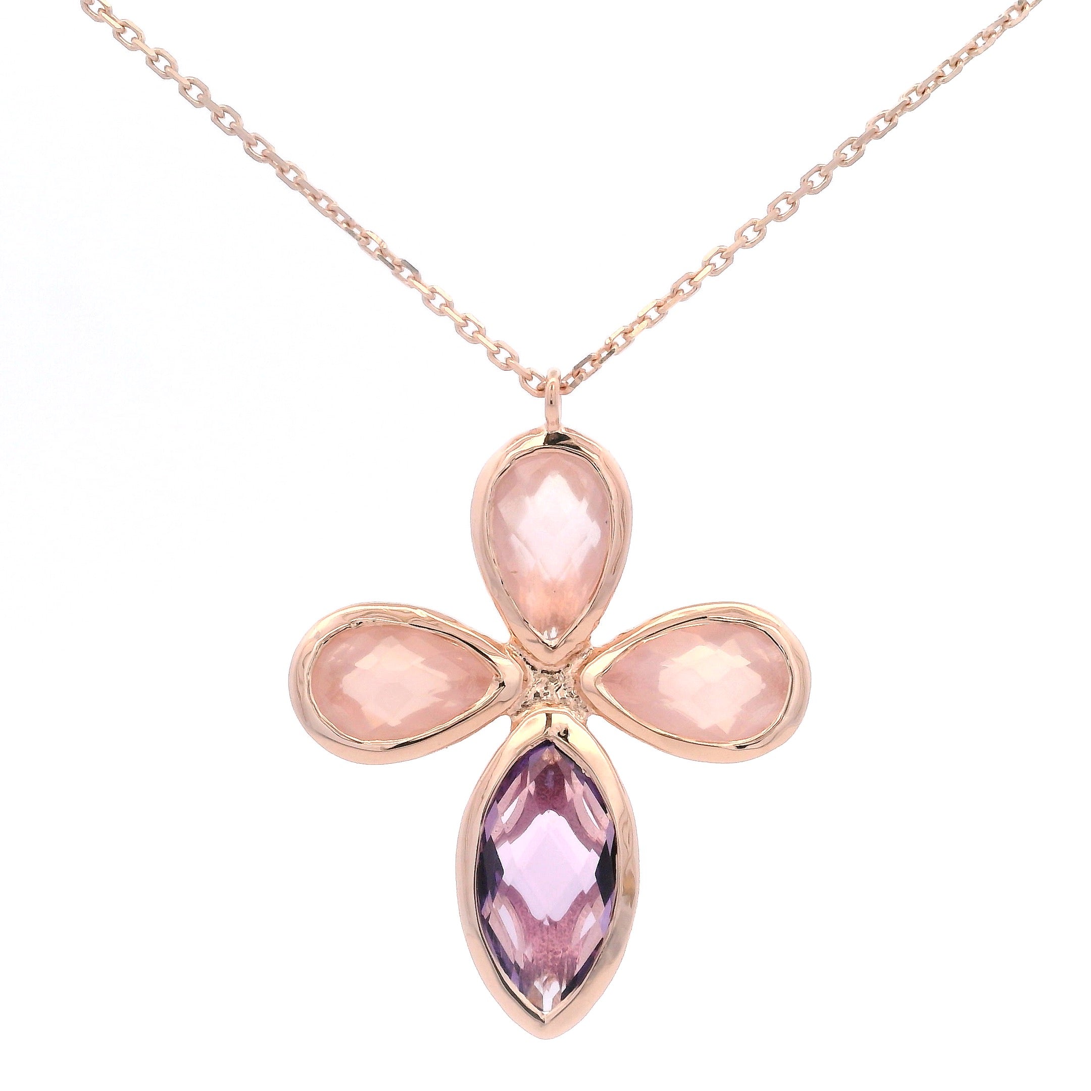 925RG CHUNKY CROSS ROSE QUARTZ AMETHYST NECKLACE