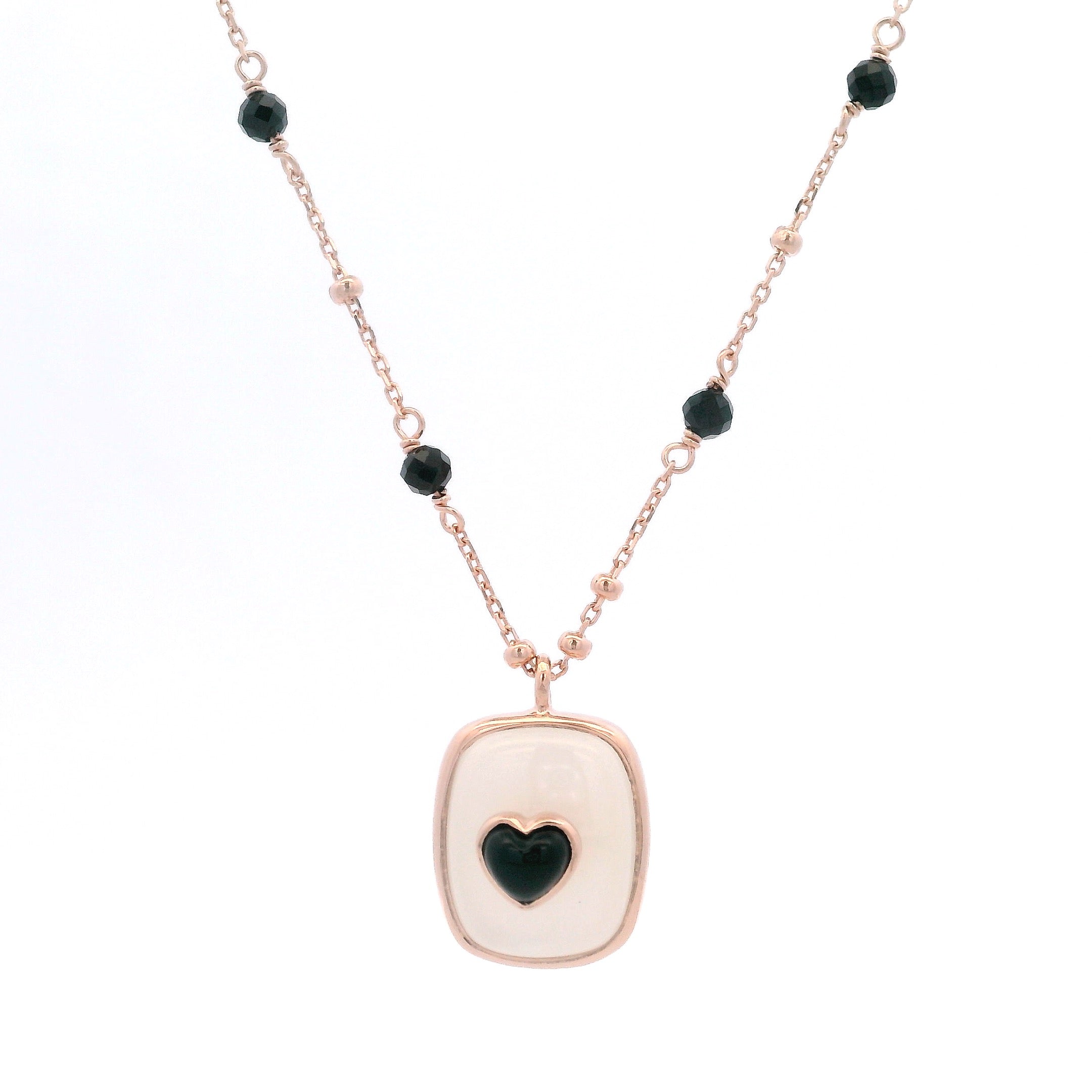 925RG SQUARE MOONSTONE AND HEART ONYX BLACK NECKLACE