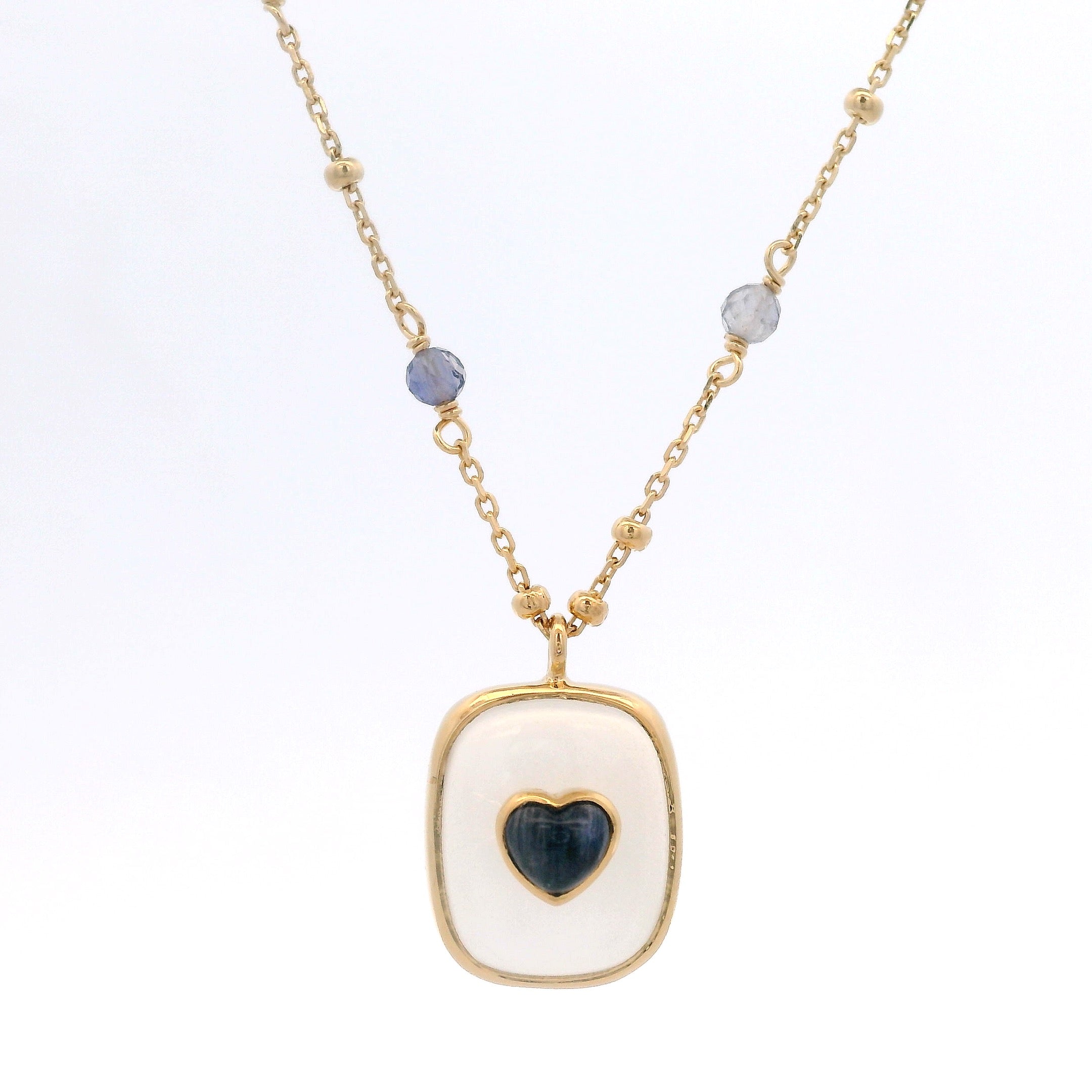 925YG SQUARE MOONSTONE AND HEART AGATE BLUE NECKLACE
