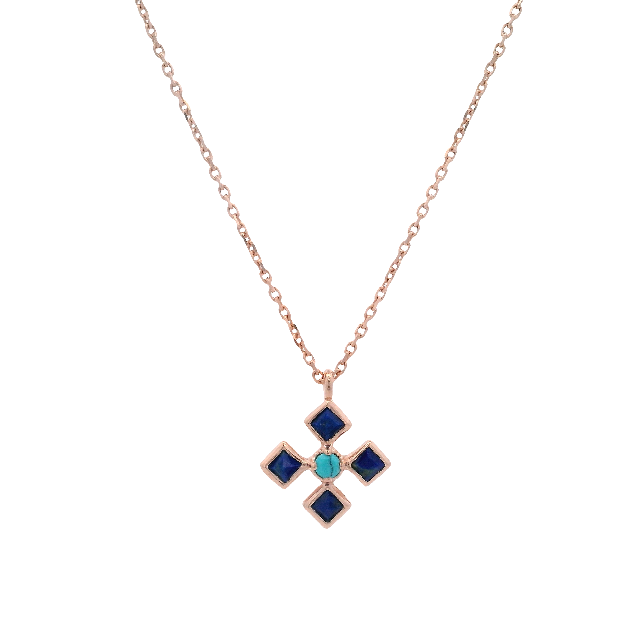925RG FLOWER LAPIS LAZULI CENTER TURQUOISE SYN NECKLACE
