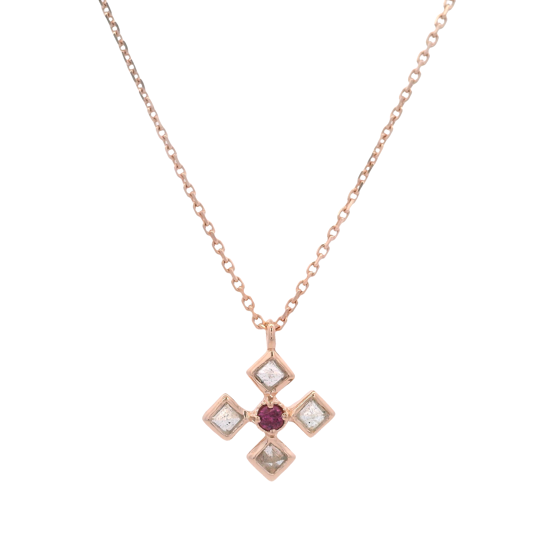 925RG FLOWER LABRADORITE CENTER GARNET NECKLACE